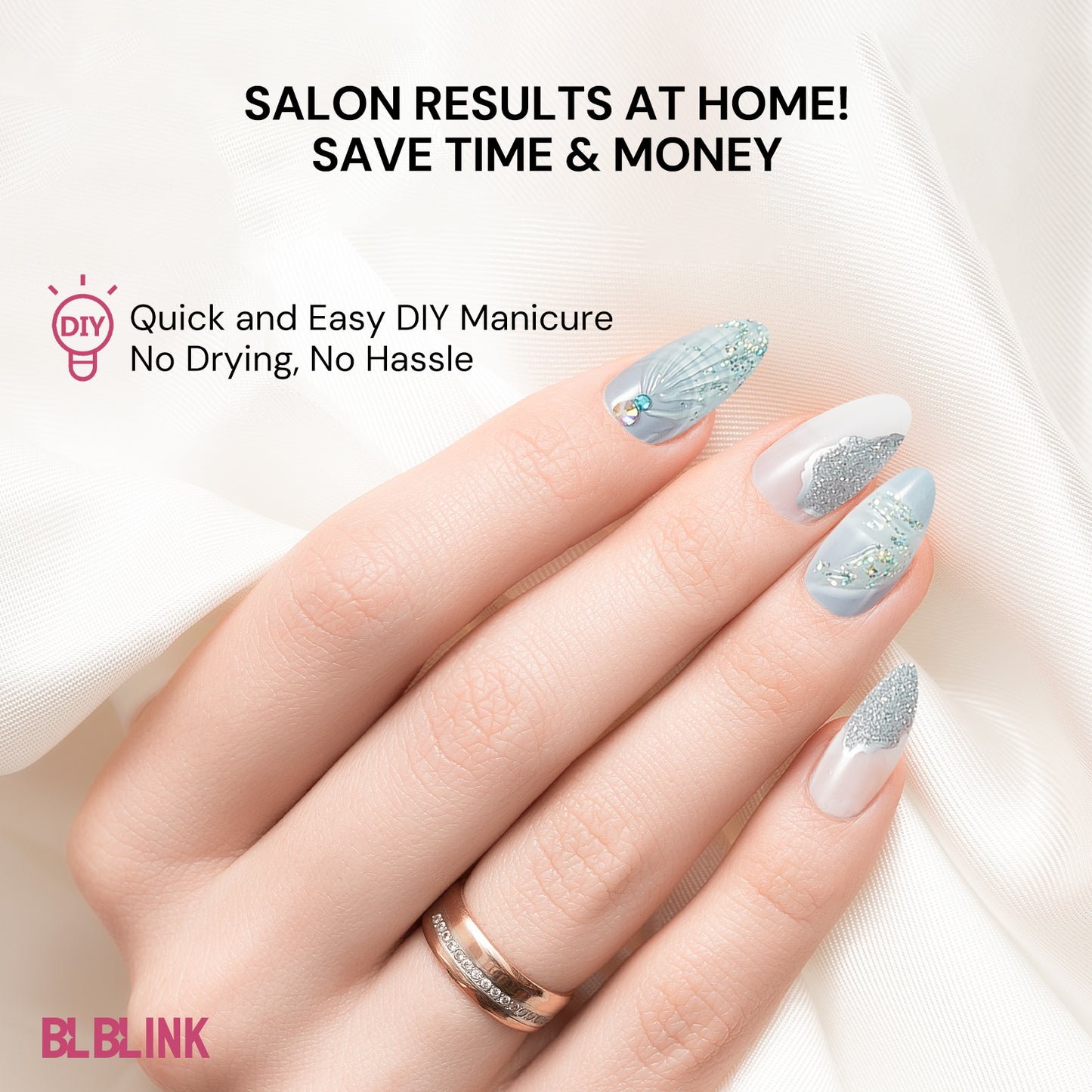 BLBLINK Everlasting 3D Press-On Nails – 24PCS Almond Shape with Water Drop Shell Design