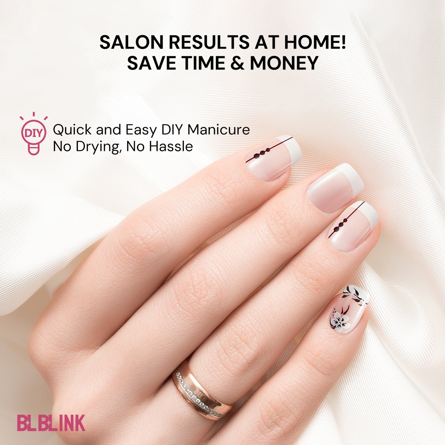 BLBLINK 3D Press-On Nails, 24PCS Square Shape with Floral Leaf Design, Reusable & Salon-Quality