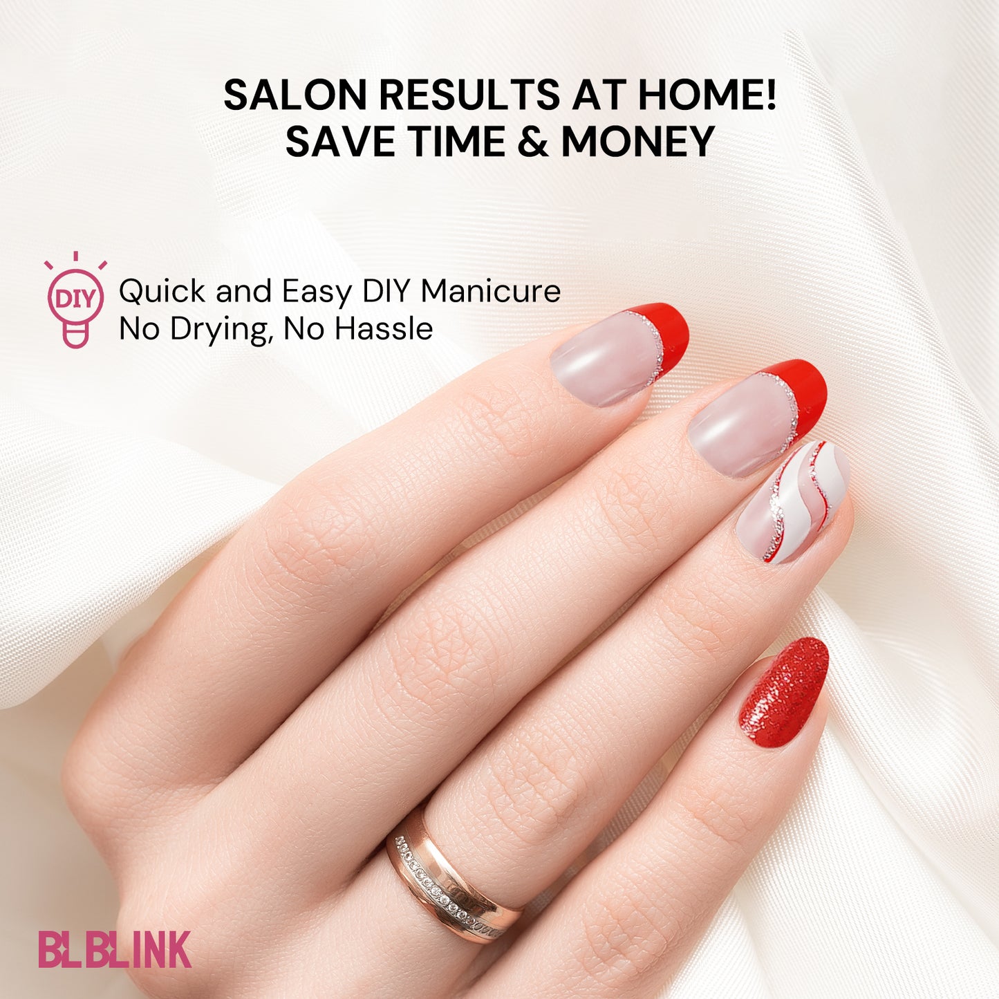 BLBLINK Christmas Press-On Nails, Red Glitter Almond Shape with White Geometric Design, 24PCS Holiday Nail Set