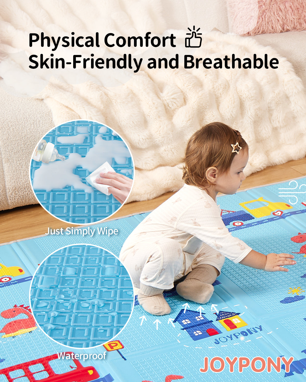 Joypony 79"x71" Waterproof Foldable Play Mat with Travel Bag – Extra Large for Baby & Toddlers