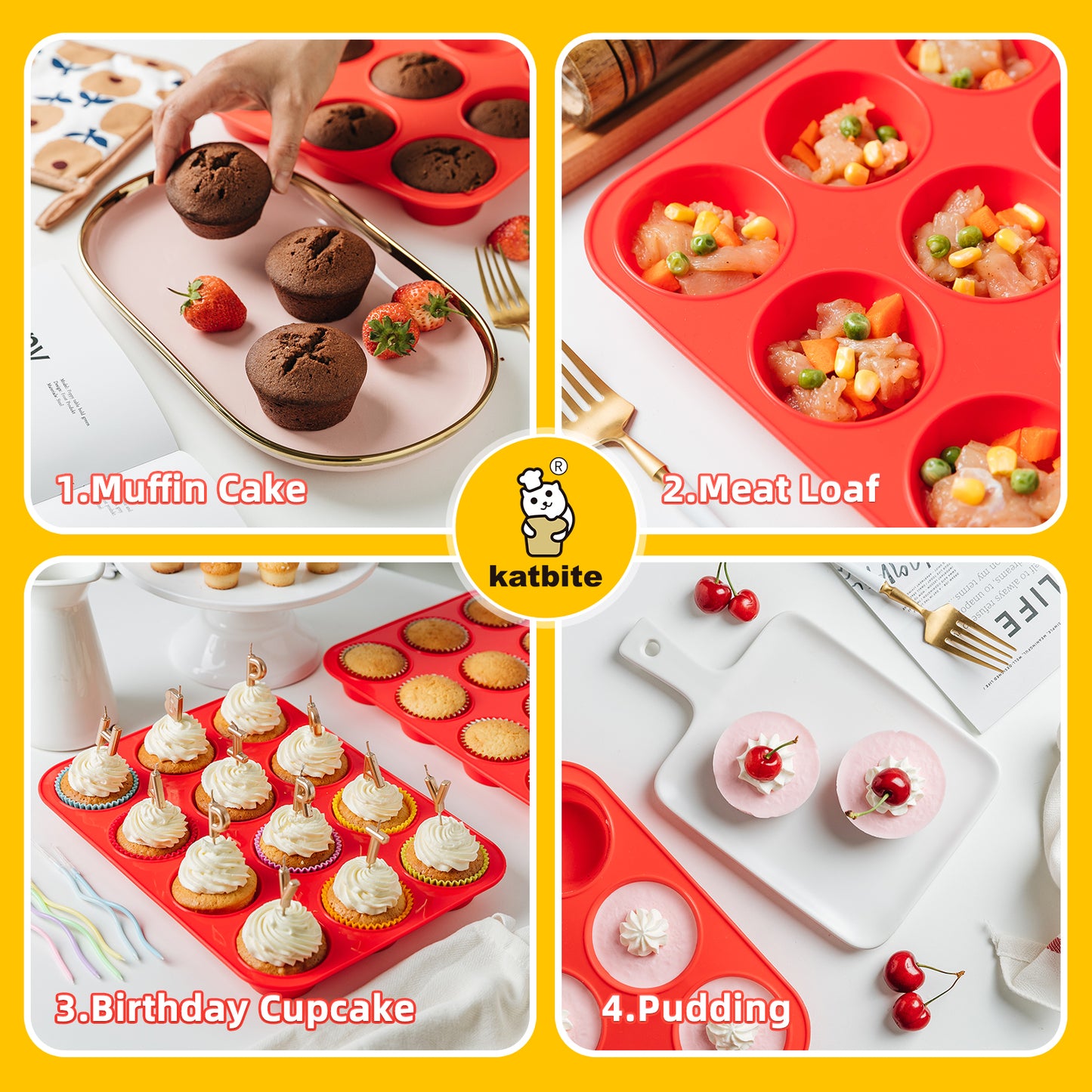 Katbite Silicone Mini Muffin Pan 24 Cups Cupcake Pan Food Grade Silicone Molds for Baking,Red