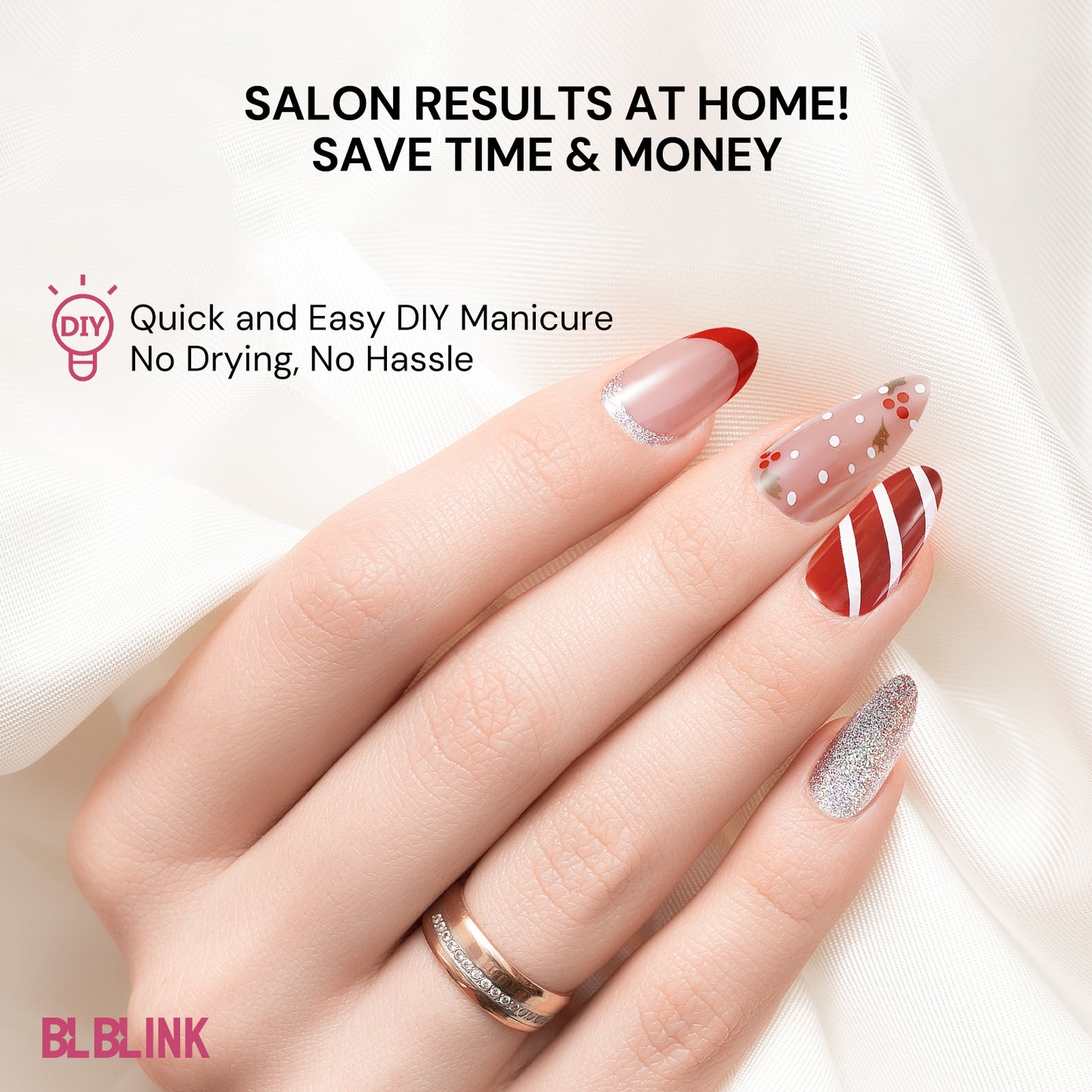 BLBLINK Christmas Candy Cane French Press-On Nails – 24PCS Red Almond Shape Festive Holiday Nail Set, Long-Lasting & Easy DIY Manicure
