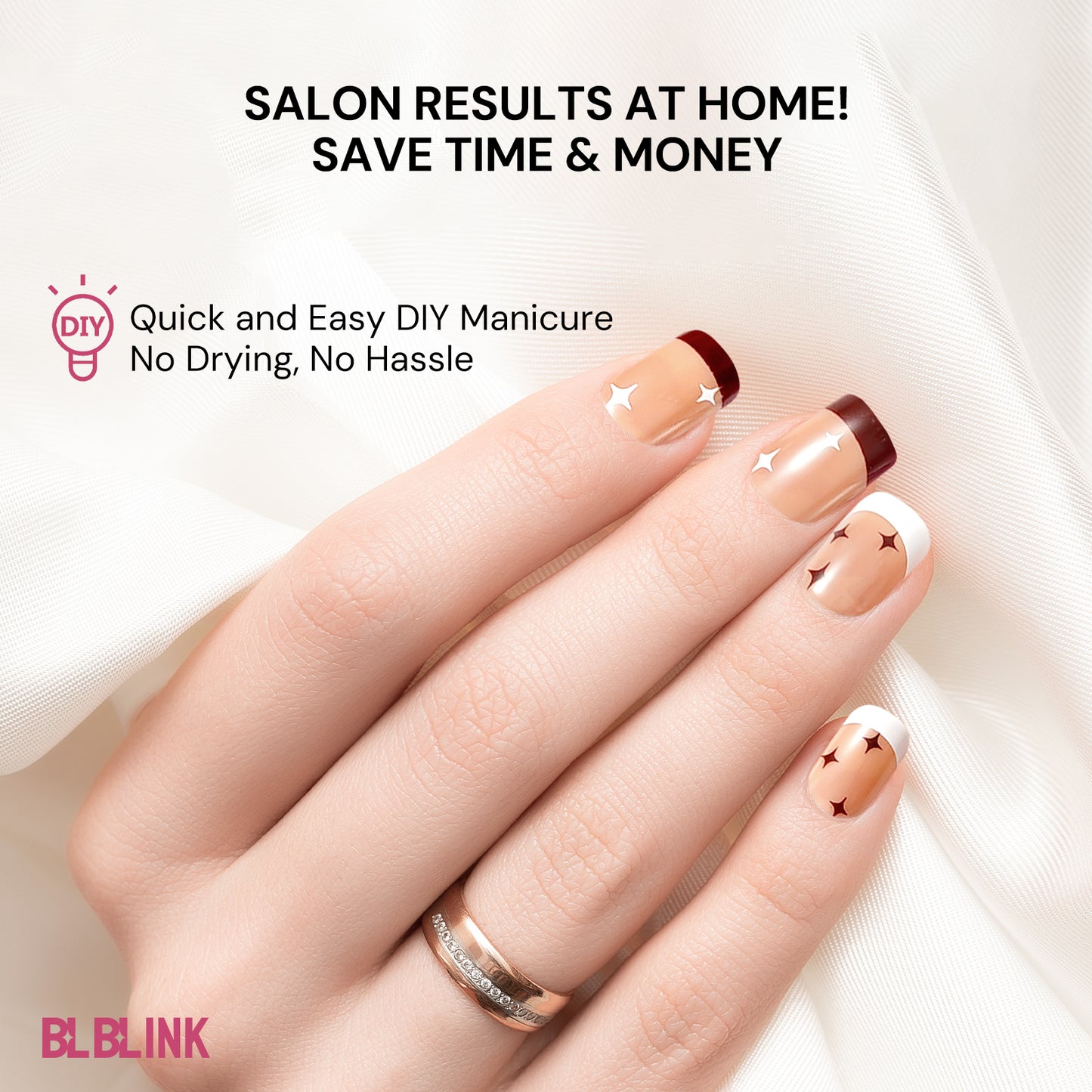 BLBLINK French Press-On Nails, 24PCS Square Design, Brown and White Double Splice with Star Mang Style
