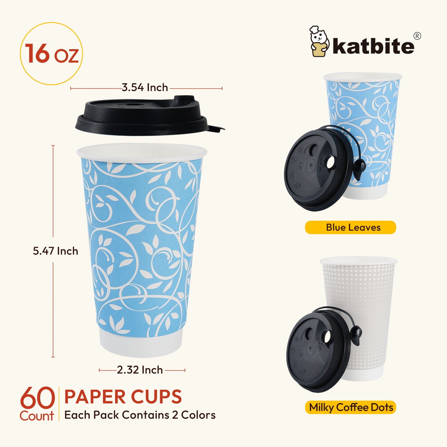 Katbite Disposable Cups Paper Cups with Lids Biodegradable and Eco-Friendly 16 oz 60 Count