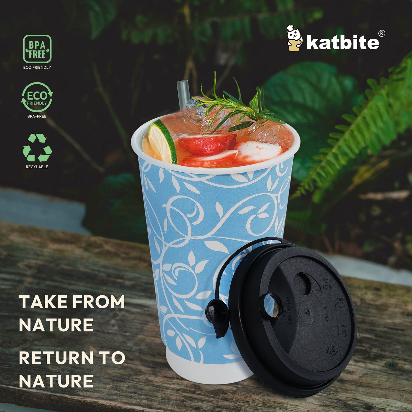Katbite Disposable Cups Paper Cups with Lids Biodegradable and Eco-Friendly 16 oz 60 Count