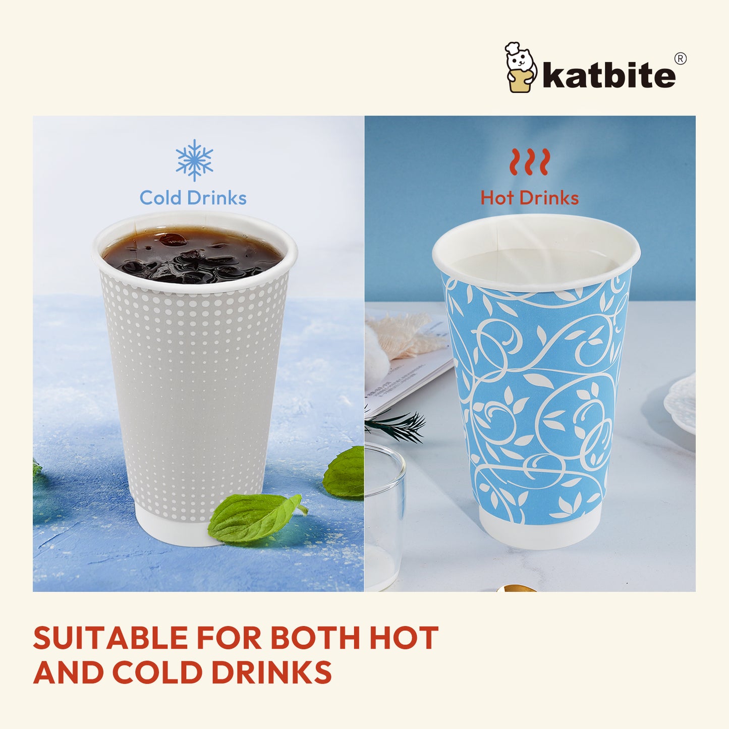 Katbite Disposable Cups Paper Cups with Lids Biodegradable and Eco-Friendly 16 oz 60 Count