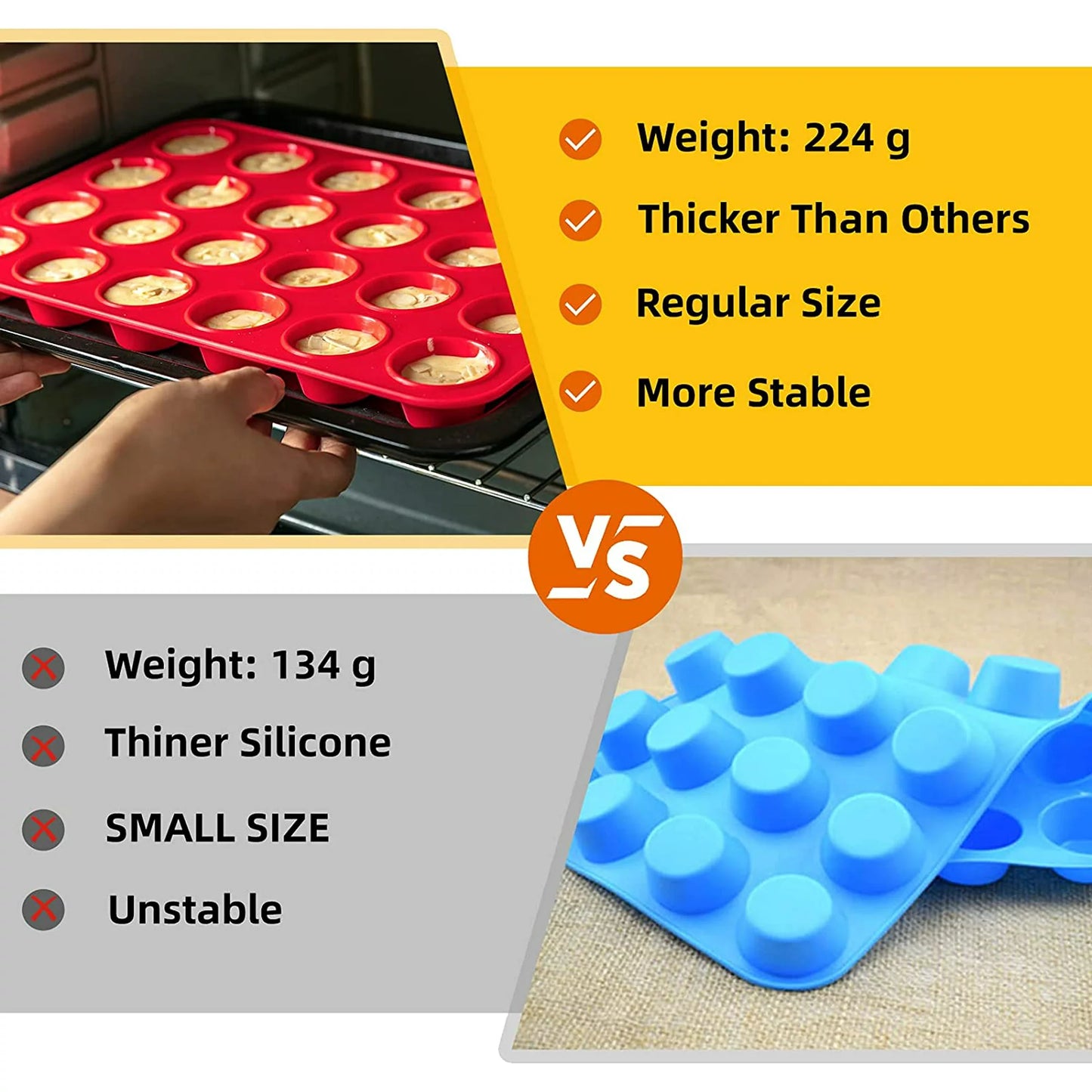 Katbite Silicone Mini Muffin Pan 24 Cups Cupcake Pan Food Grade Silicone Molds for Baking,Red
