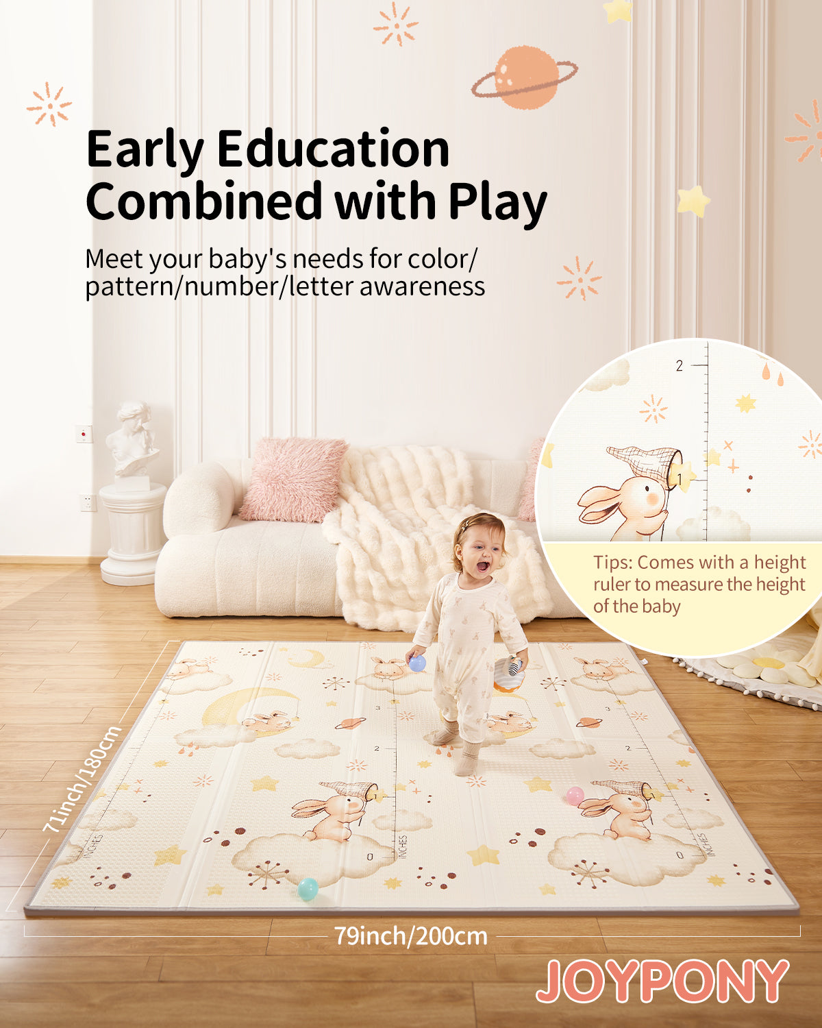 Joypony Baby Play Mat, Foldable Reversible Foam Crawling Mat for Baby Toddler Indoor Outdoor, 79x71x0.4 inch, Rabbit
