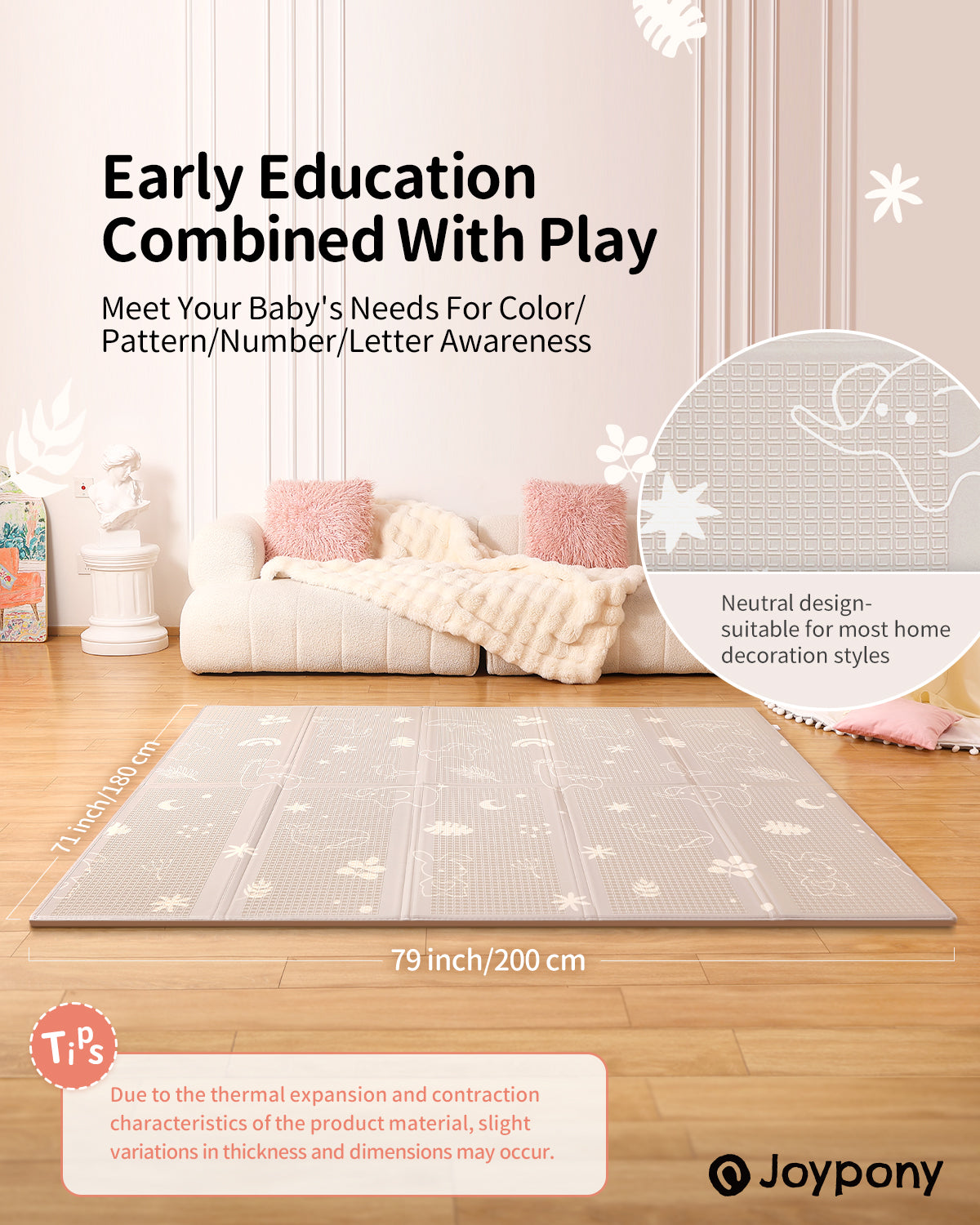 Joypony Baby Play Mat, 50x50 Inch Waterproof Reversible Foam Crawling Mat