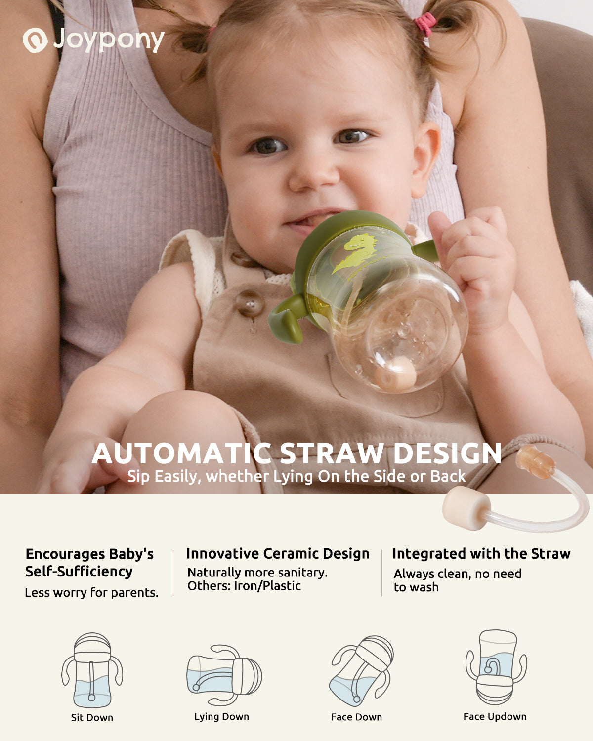 Joypony Spill-Proof Sippy Cup with Weighted Straw, PPSU Baby Cup with Handles for Toddlers 1-3, 6M+, BPA Free, 2 Silicone Straws, 9oz,Green