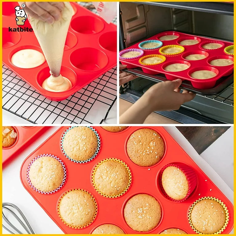Katbite Silicone Mini Muffin Pan 24 Cups Cupcake Pan Food Grade Silicone Molds for Baking,Red