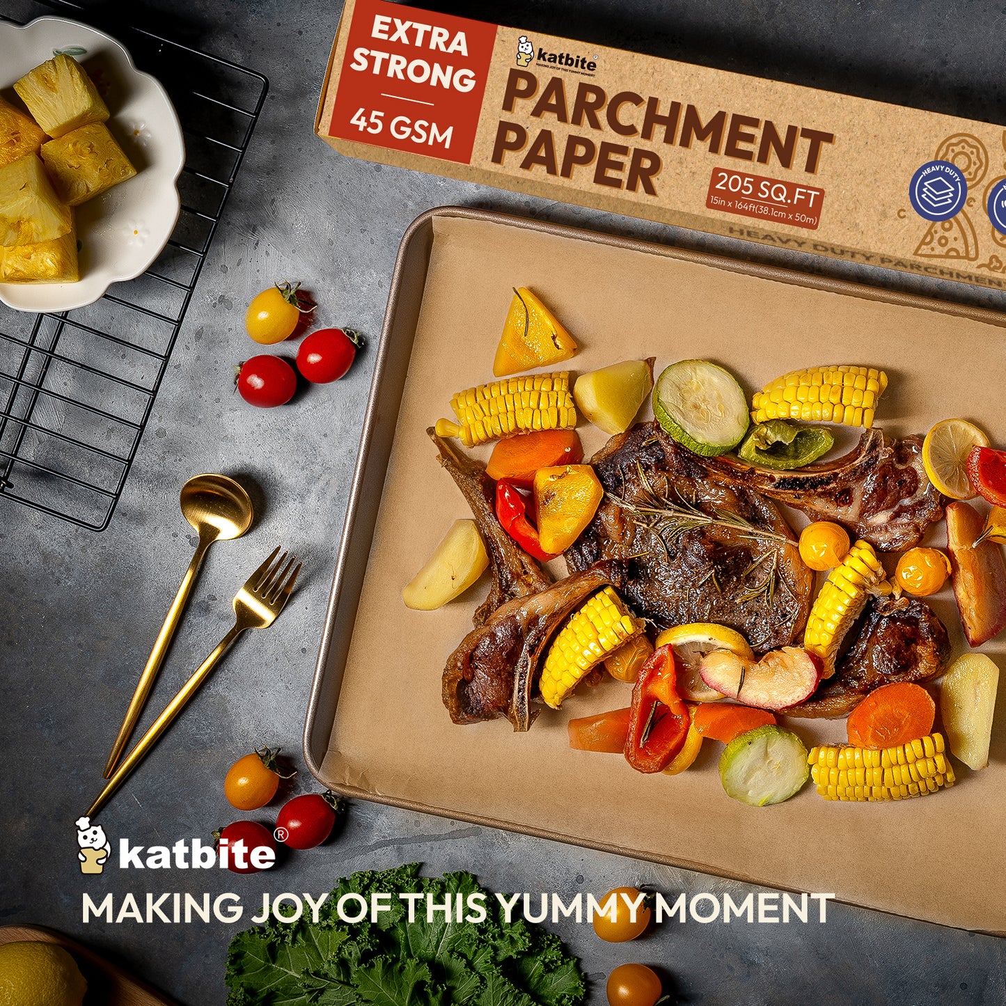 Katbite Heavy Duty Unbleached Parchment Paper Roll for Baking, 15 in x 164 ft, 205 sq.ft, Brown