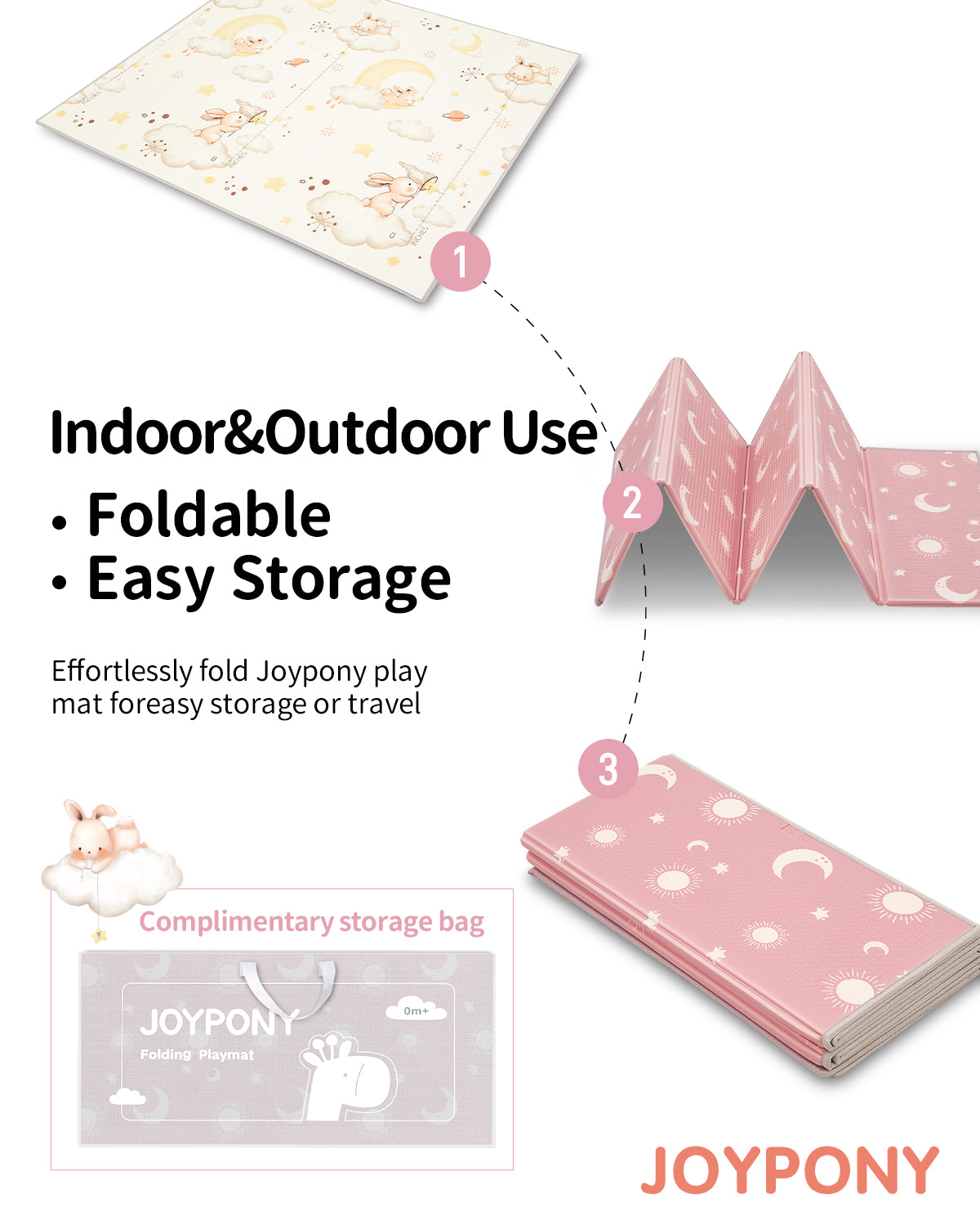 Joypony Baby Play Mat, Foldable Reversible Foam Crawling Mat for Baby Toddler Indoor Outdoor, 79x71x0.4 inch, Rabbit