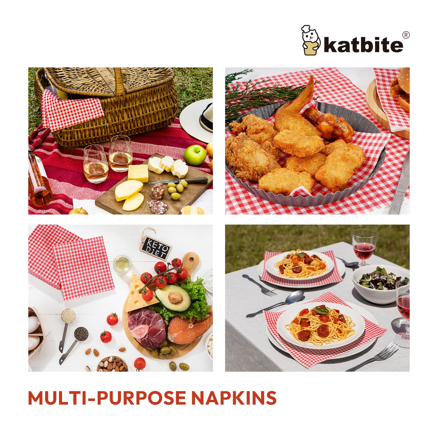 Katbite Disposable Paper Napkins Gingham Red and White, 6.5 inch, 50 Pcs