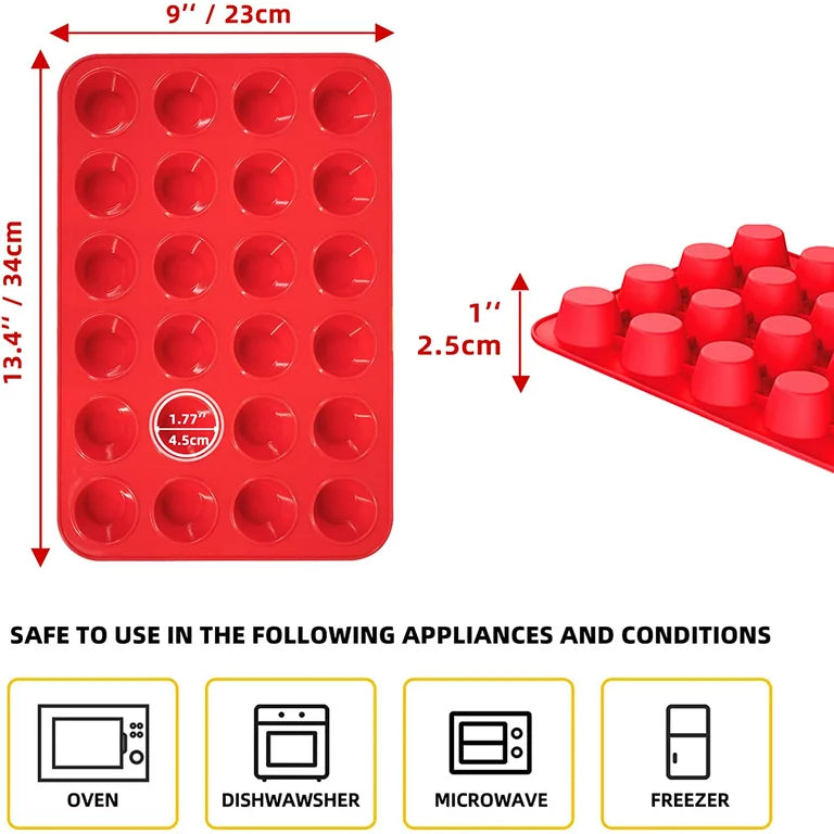 Katbite Silicone Mini Muffin Pan 24 Cups Cupcake Pan Food Grade Silicone Molds for Baking,Red
