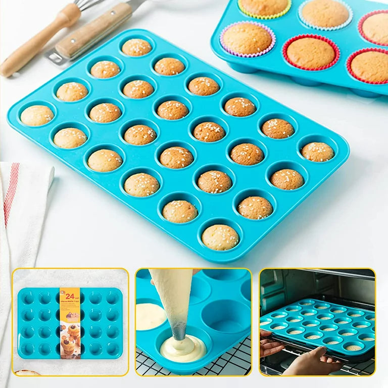 Katbite Silicone Mini Muffin Pan 24 Cups Cupcake Pan for Baking,Blue