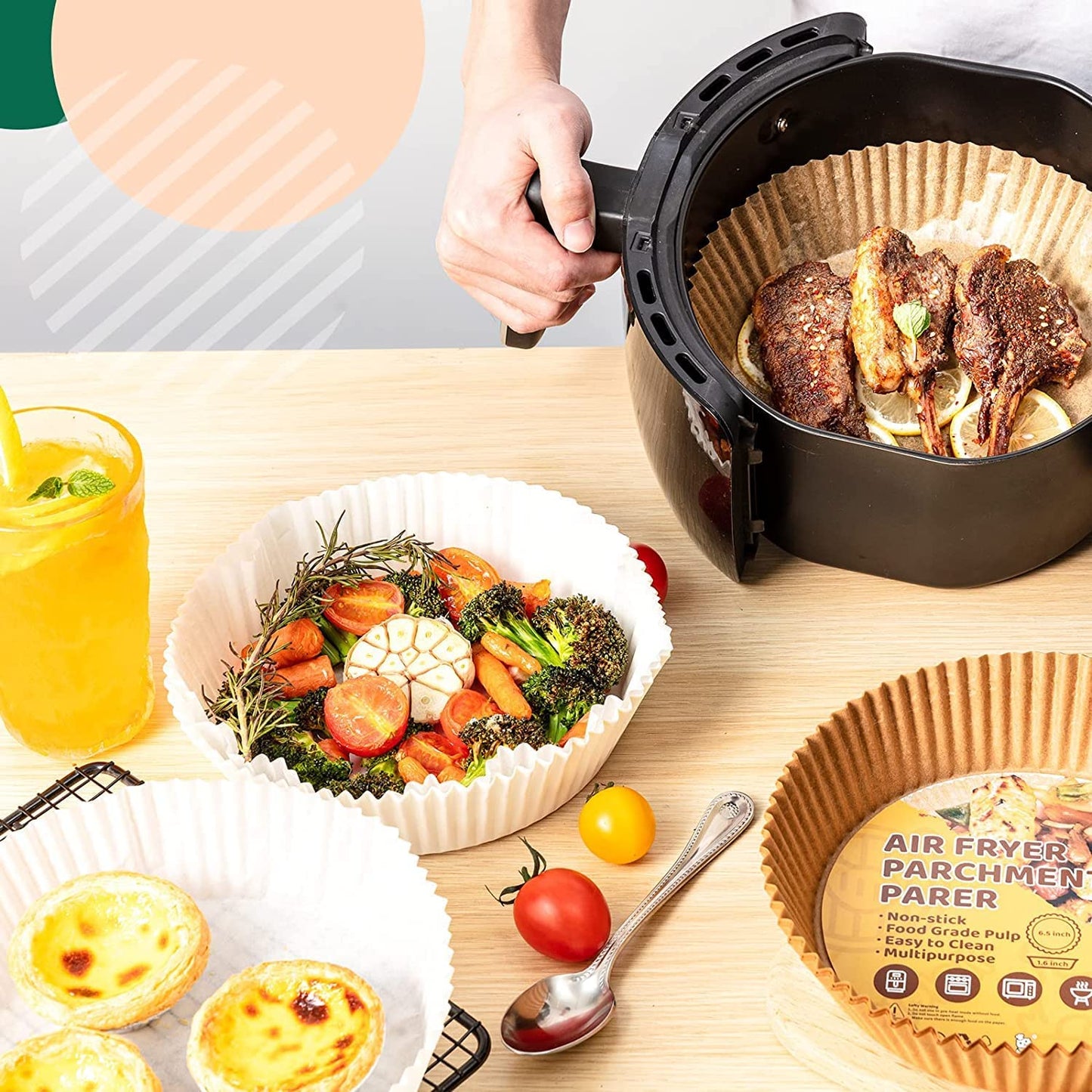 Katbite 120Pcs 6.5 Inch Unbleached Non-stick Air Fryer Disposable Paper Liner Parchment Paper