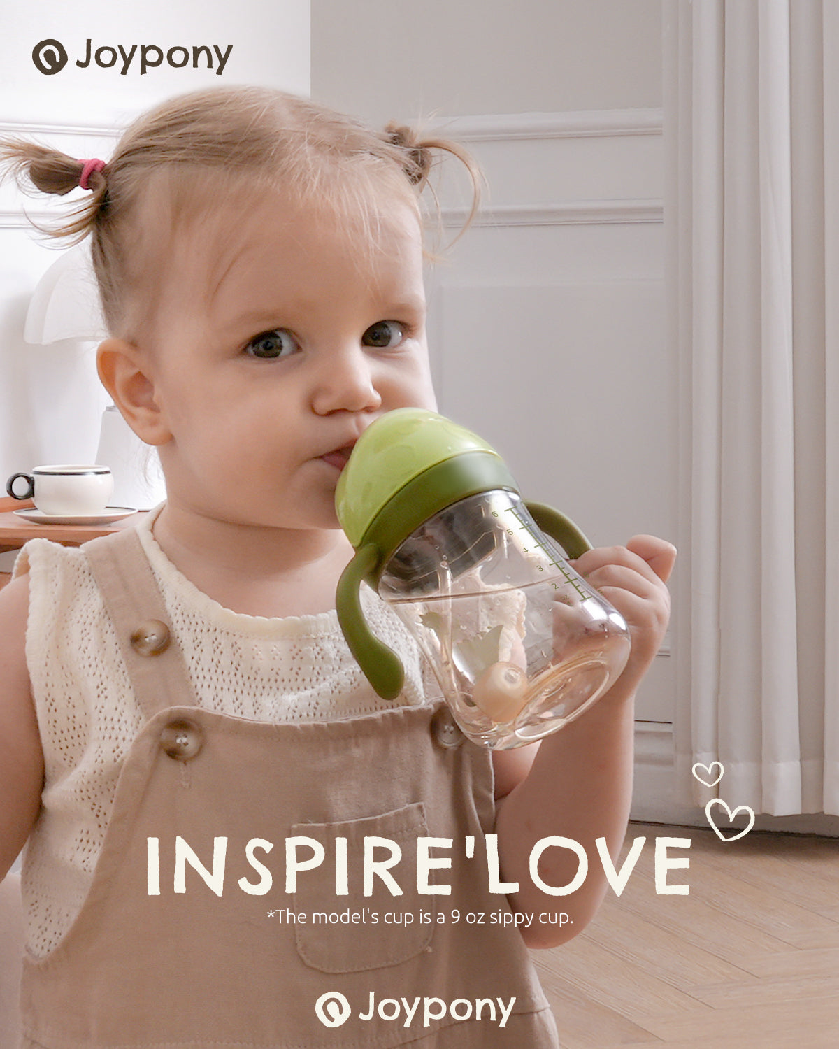 Joypony Spill-Proof Sippy Cup with Weighted Straw, PPSU Baby Cup with Handles for Toddlers 1-3, 6M+, BPA Free, 2 Silicone Straws, 9oz,Green