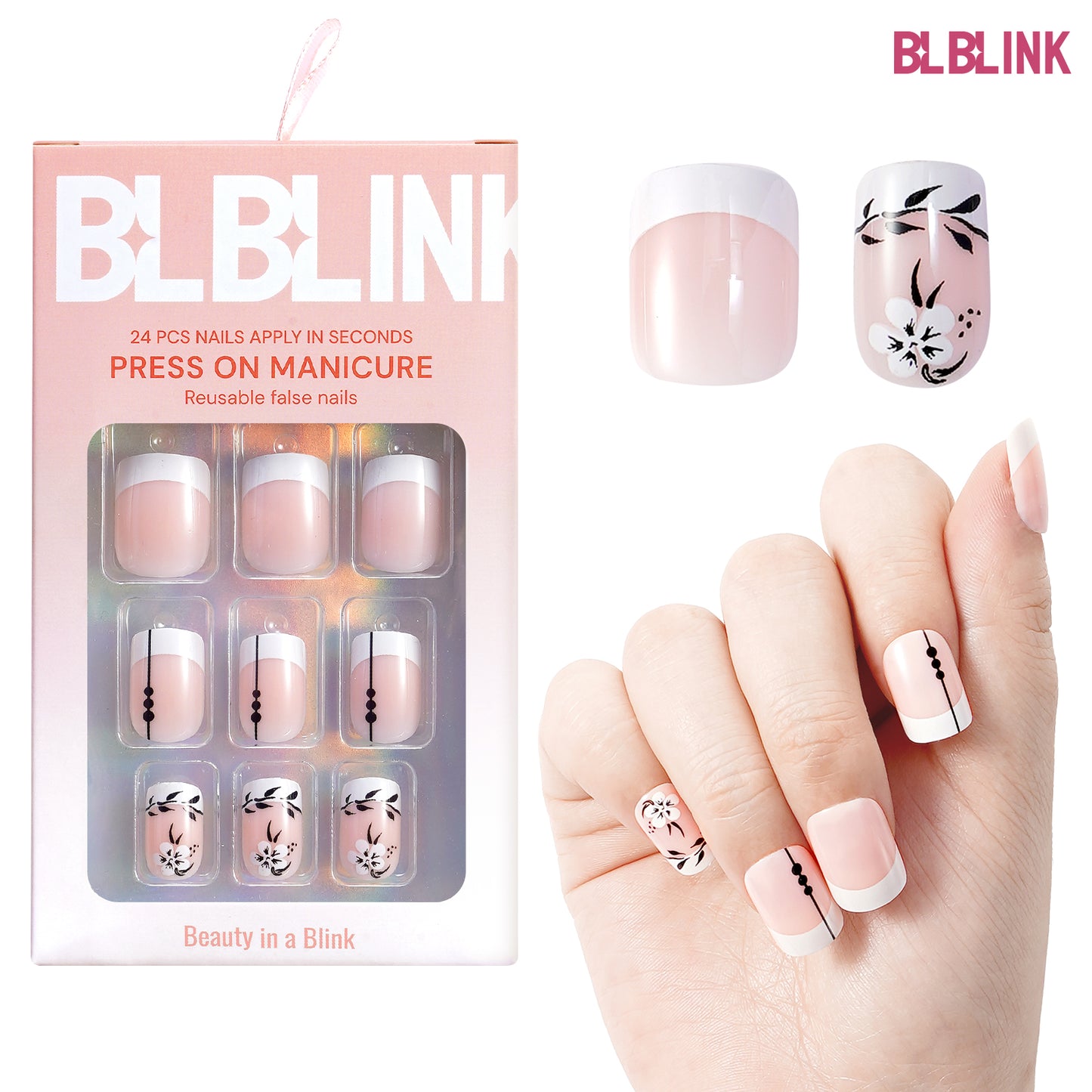 BLBLINK 3D Press-On Nails, 24PCS Square Shape with Floral Leaf Design, Reusable & Salon-Quality