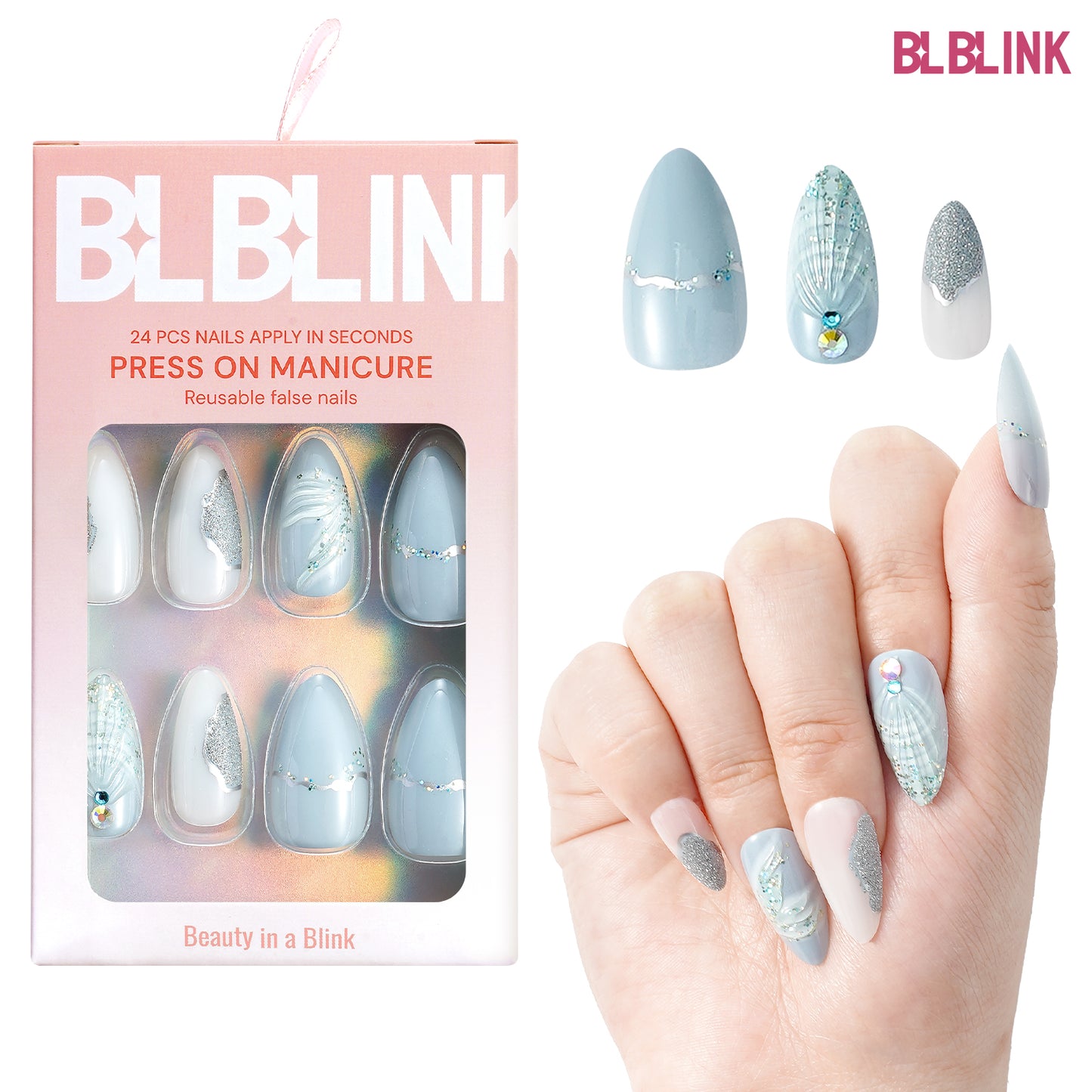 BLBLINK Everlasting 3D Press-On Nails – 24PCS Almond Shape with Water Drop Shell Design