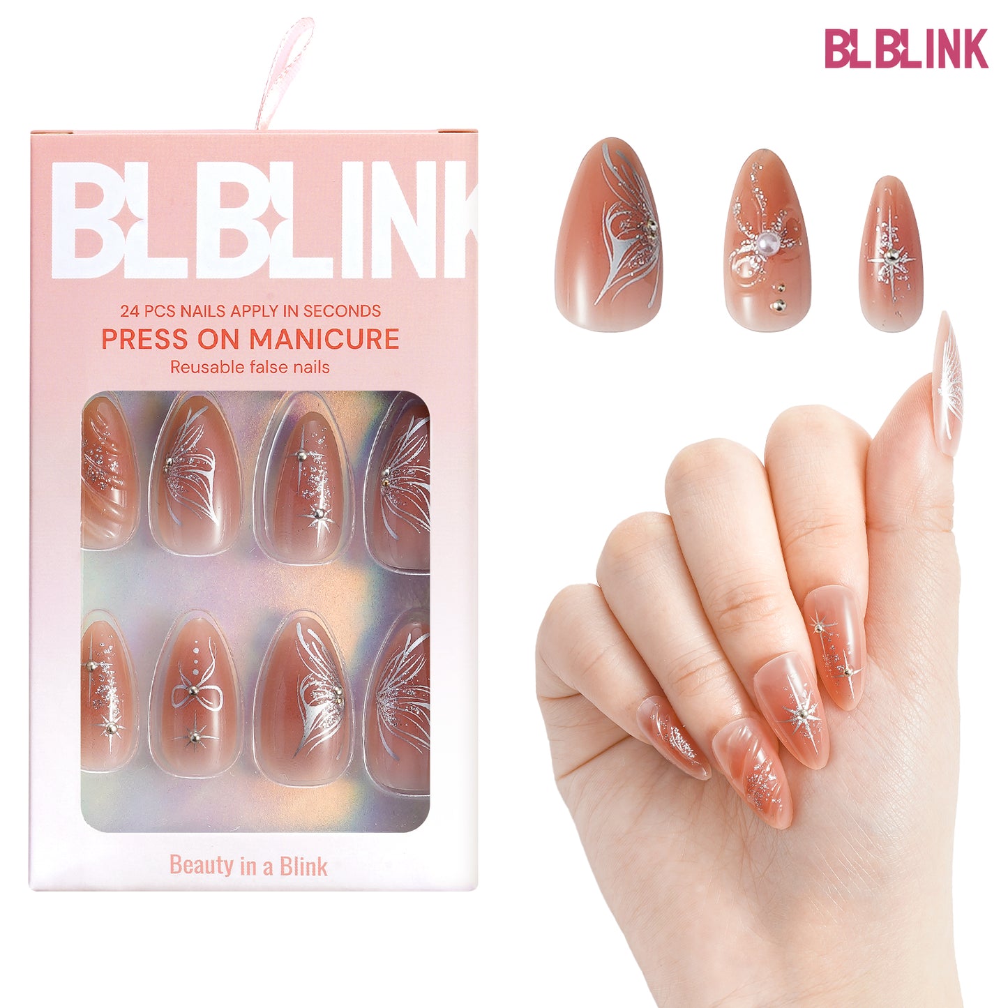 BLBLINK 3D Press-On Nails, 24PCS Almond Shape with Bow and Pearl Design, Reusable & Elegant Look