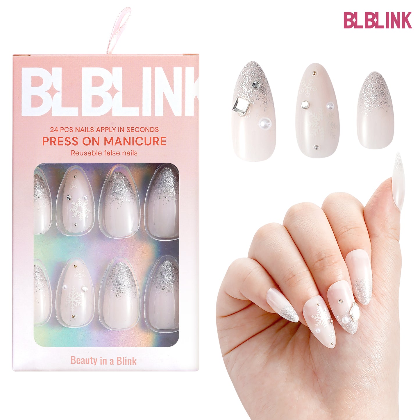 BLBLINK Christmas Almond Press-On Nails – 24PCS Snowflake Glitter with Sparkling Rhinestones for a Festive, Elegant Look