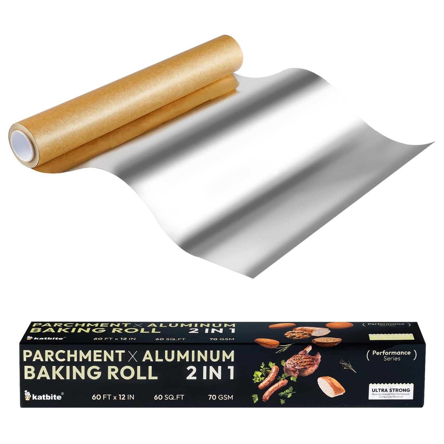 Katbite Parchment Paper Aluminum Baking Roll 12in x 60ft, Unbleached Parchment Baking Paper Roll