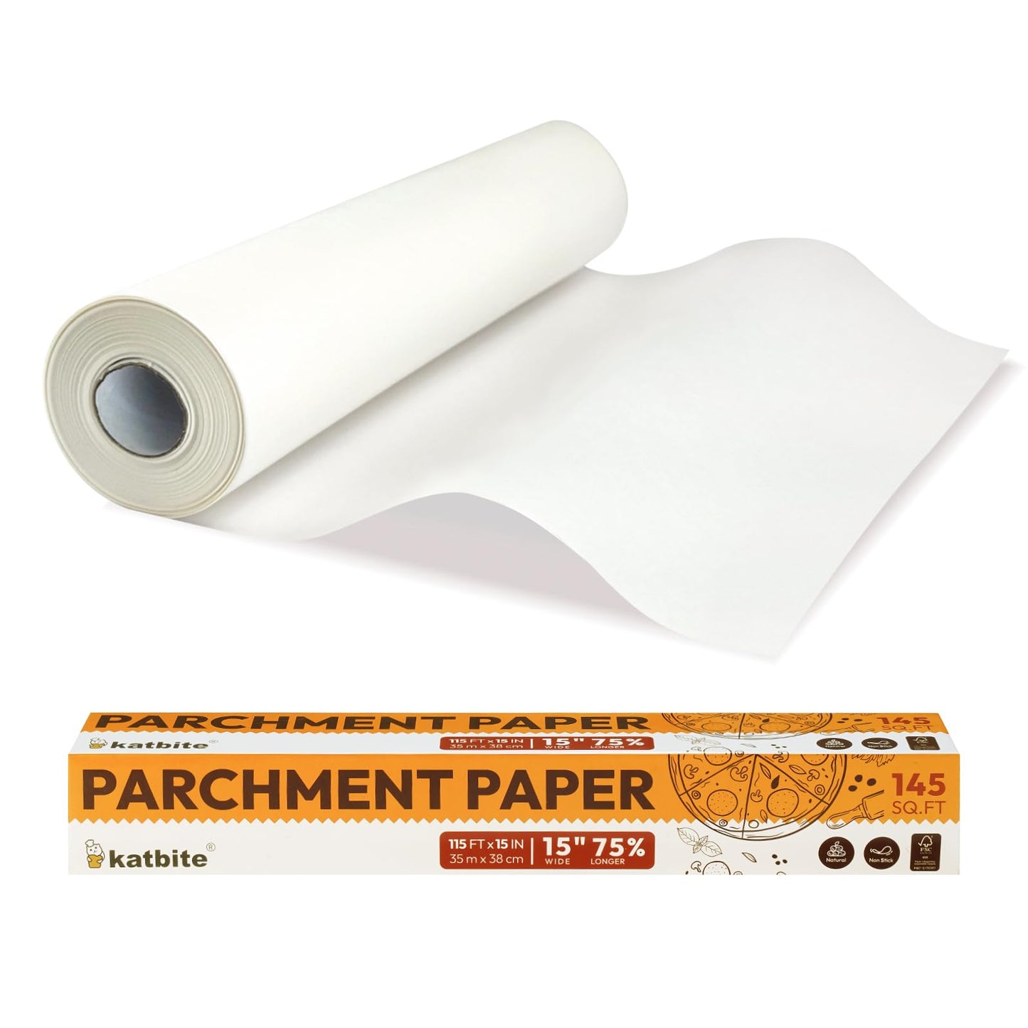 Katbite 15in x 115ft Parchment Paper Roll, Non-Stick Baking Paper with Serrated Cutter, 145 sq ft