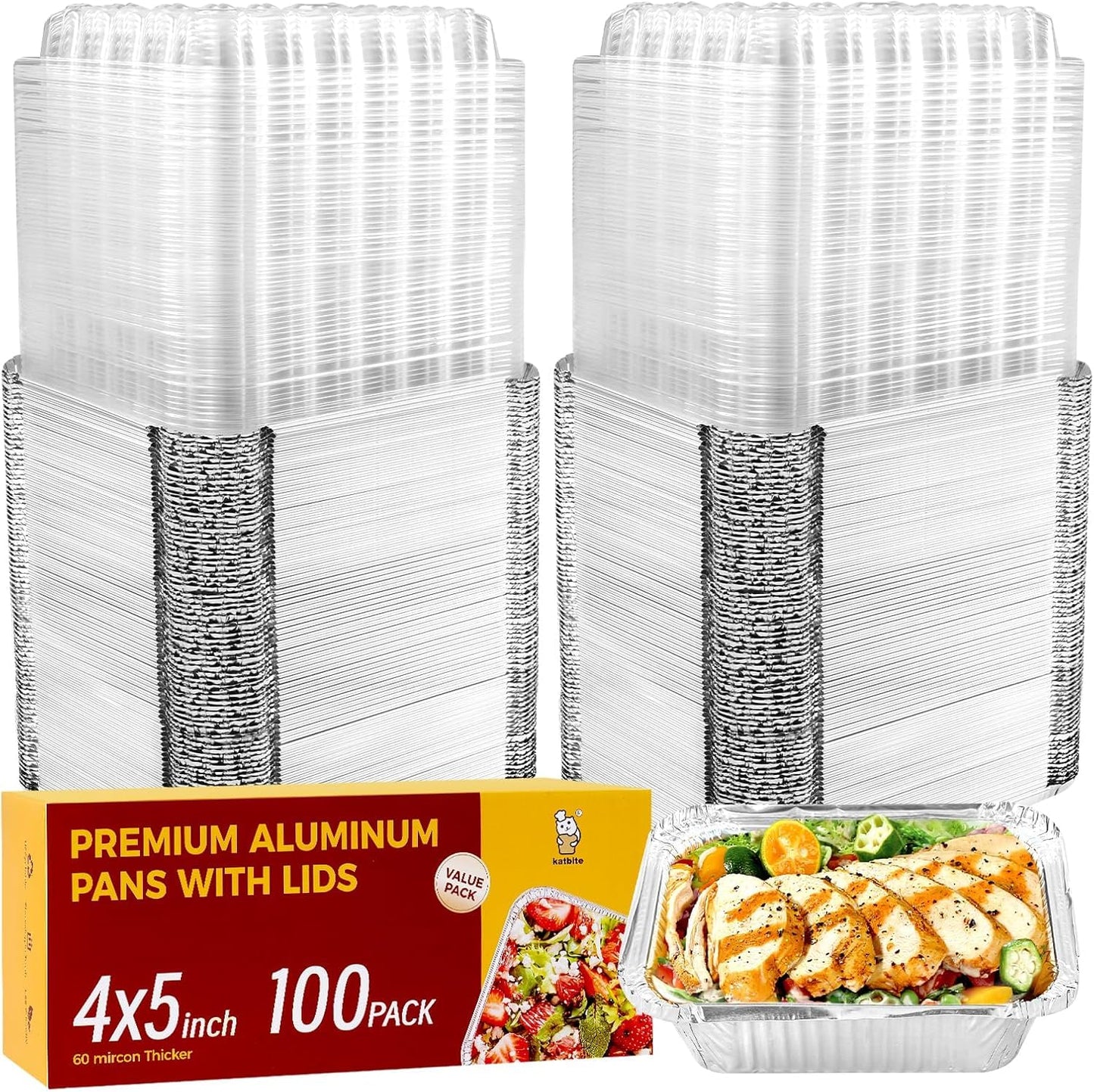 Katbite 100 Count 1 Lb/16 Oz Aluminum Pans (5" X 4"), Mini Aluminum Pans With Lids, Disposable Aluminum Foil Pans