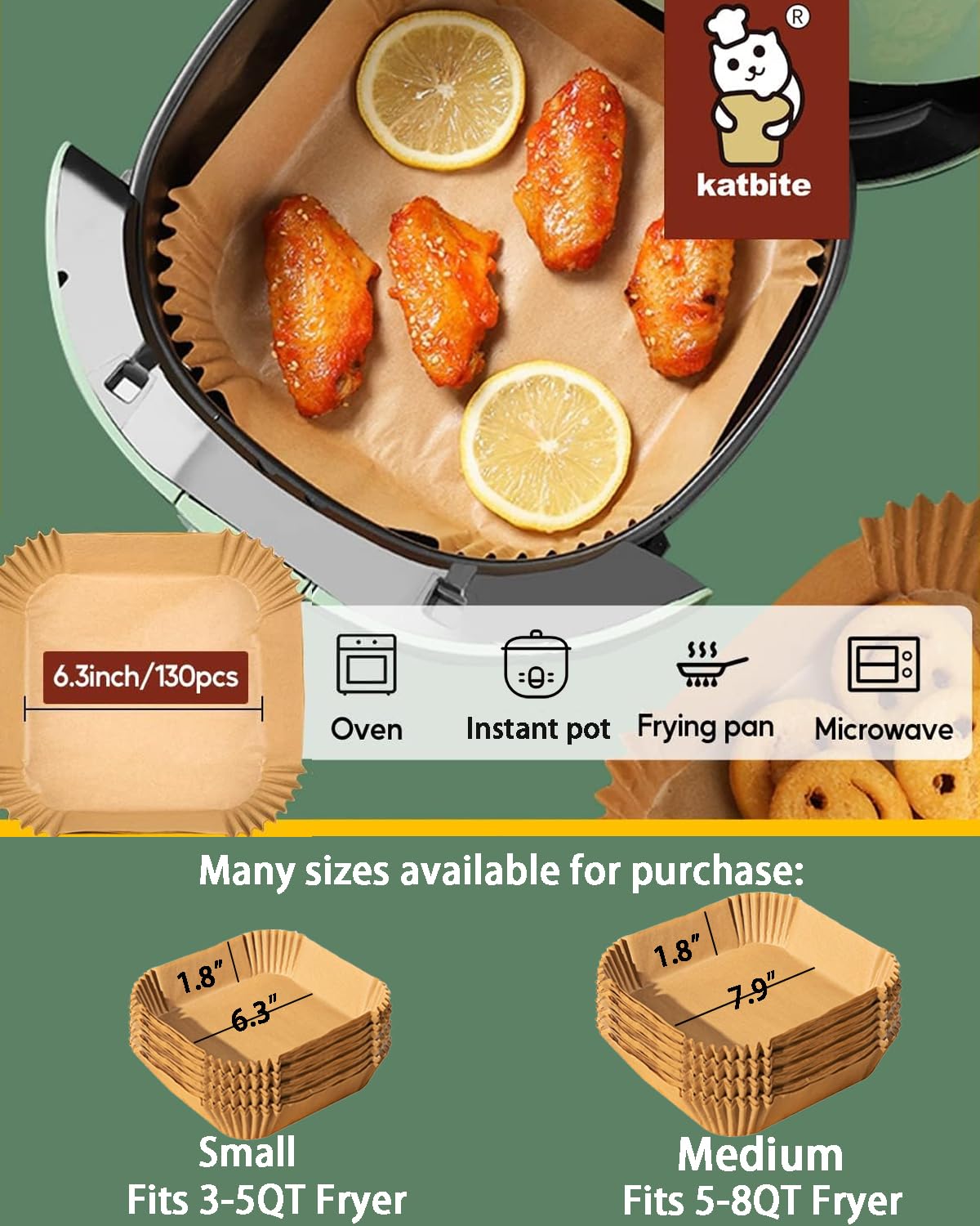 Katbite 6.3 Inch 130PCS Square Disposable Air Fryer Liners, Unbleached Non-Stick & Oil-proof Parchment Paper