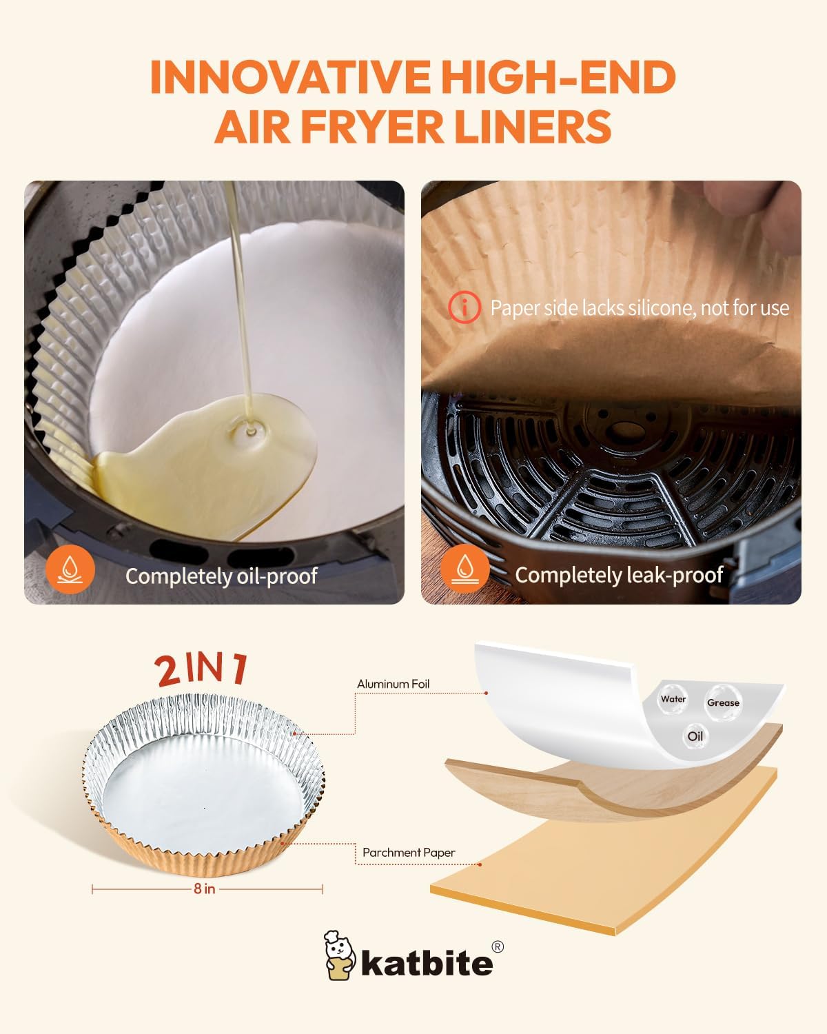 Katbite 80pcs 8-inch Round Aluminum Foil Air Fryer Liners, Non-Stick and Oil-Proof Oven Pan Sheets