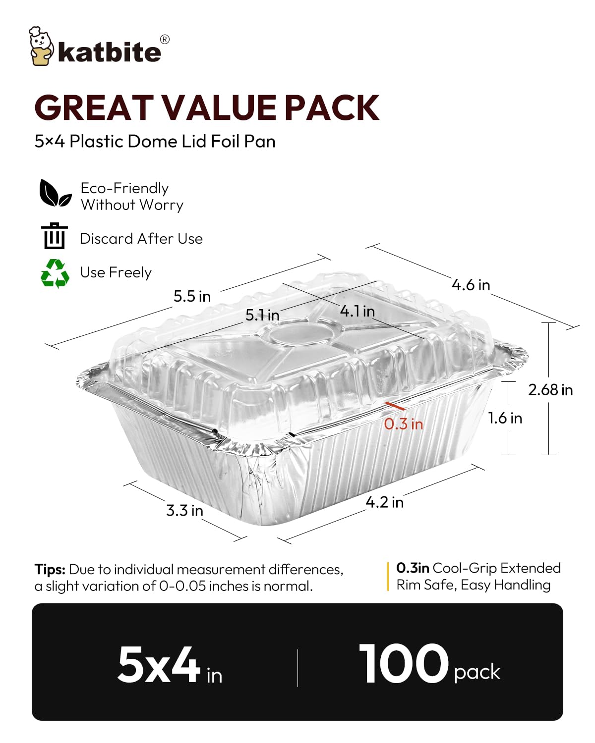 Katbite 100 Count 1 Lb/16 Oz Aluminum Pans (5" X 4"), Mini Aluminum Pans With Lids, Disposable Aluminum Foil Pans