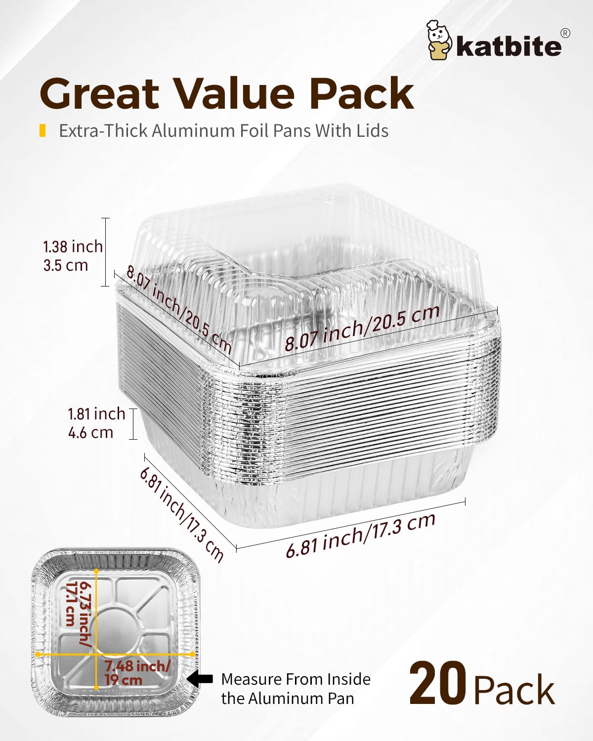 Katbite 8x8 inch (20 Packs) Disposable Aluminum Foil Pans With With Clear Lids Foil Baking Pans Square Aluminum Baking Pans