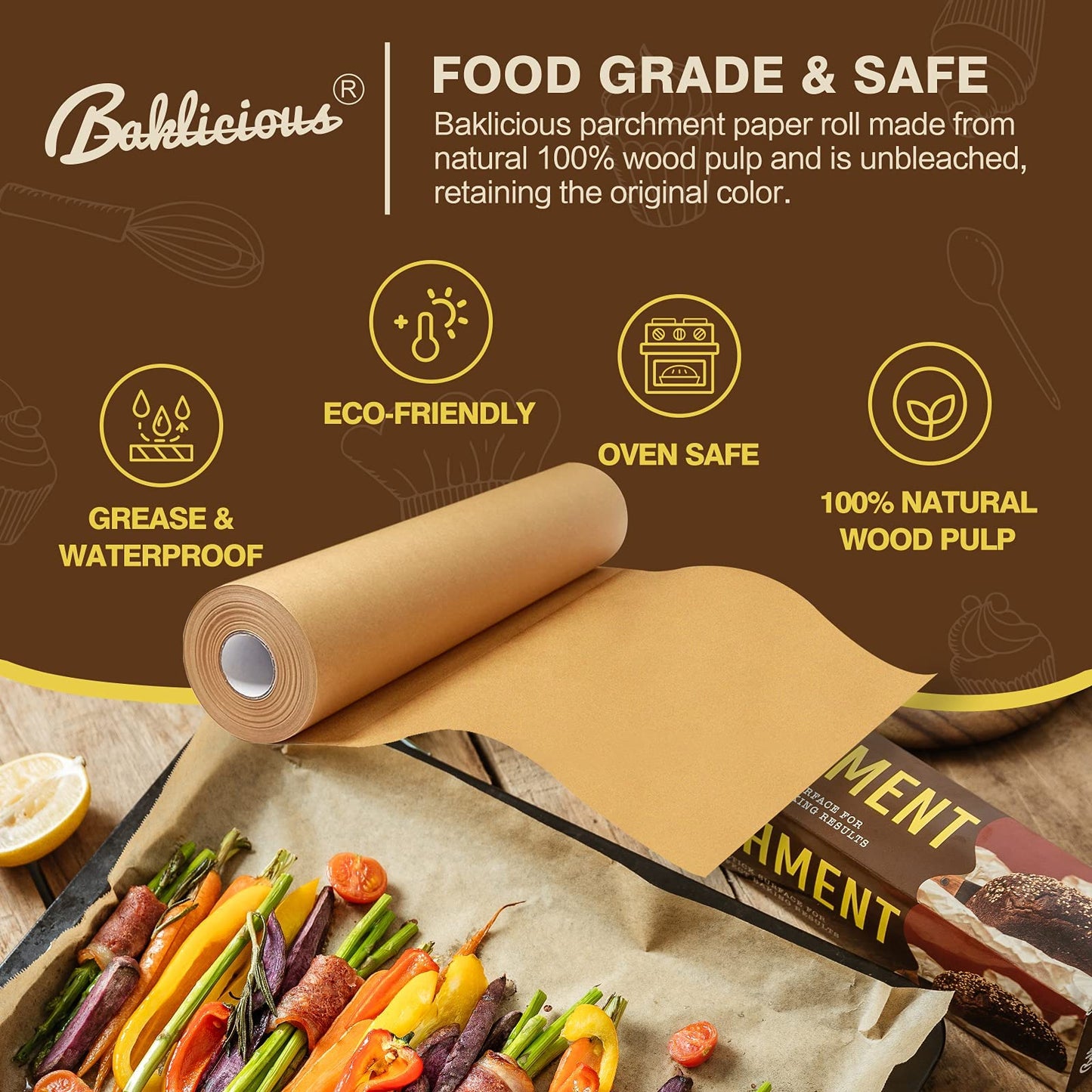 Baklicious 15 in x 210 ft, 260 Sq.ft, Non-Stick Baking Paper, Food Grade Cooking Paper for Bread