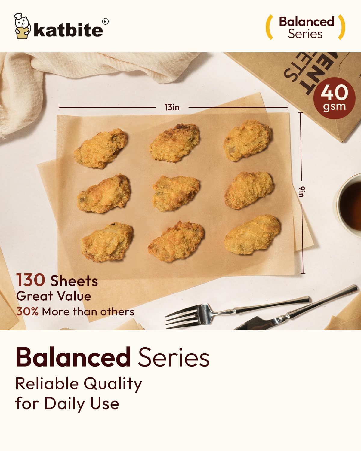 Katbite 130 Pcs 9x13 Inch Unbleached Parchment Paper Sheets, Non-Stick, Balanced Series
