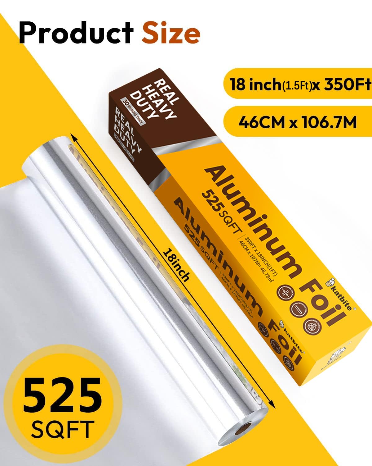 Katbite Heavy Duty Aluminum Foil 30 Micron Thick Strong Heavy Duty Foil Aluminum Roll Food Wraps,18 inch,525 Square Feet