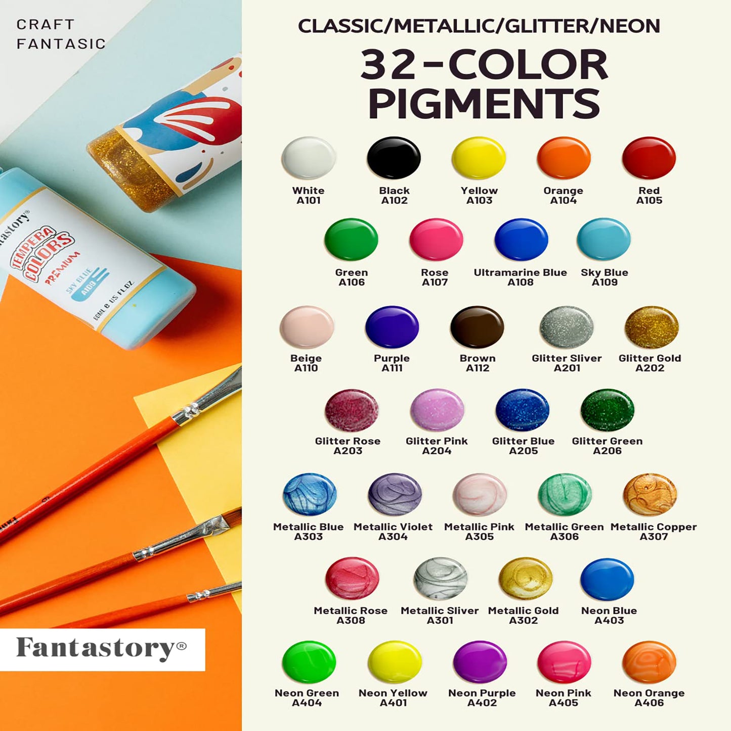 Fantastory Tempera Paint for Kids 32 Colors (2 oz Each) Washable Tempera Paint, Kids Poster Paint Sponge Painting, Non-Toxic Kids Paint Finger Paints Hand Paints Bottles Early Learning