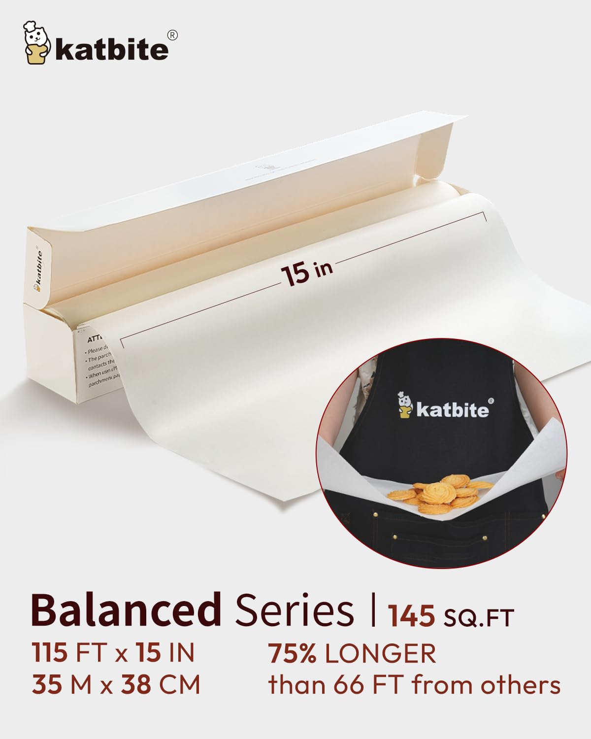 Katbite 15in x 115ft Parchment Paper Roll, Non-Stick Baking Paper with Serrated Cutter, 145 sq ft