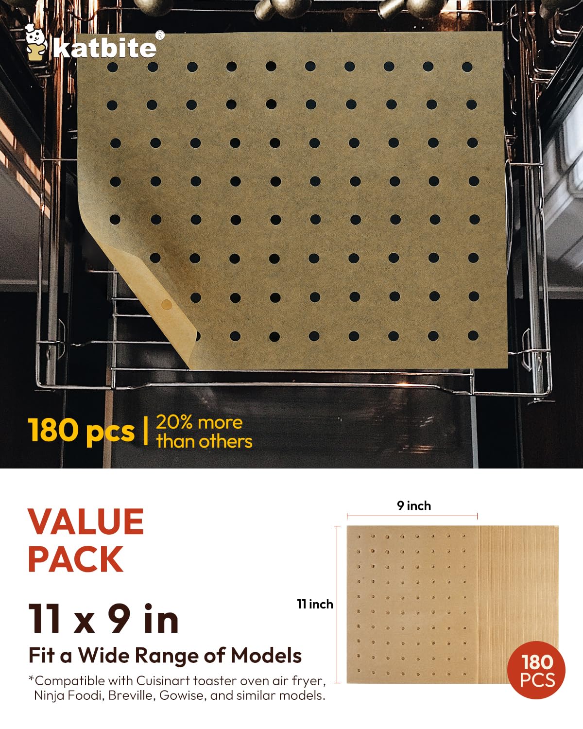 Katbite 180-Pack 9x11" Perforated Air Fryer Parchment Paper Liners – Disposable Basket Liners