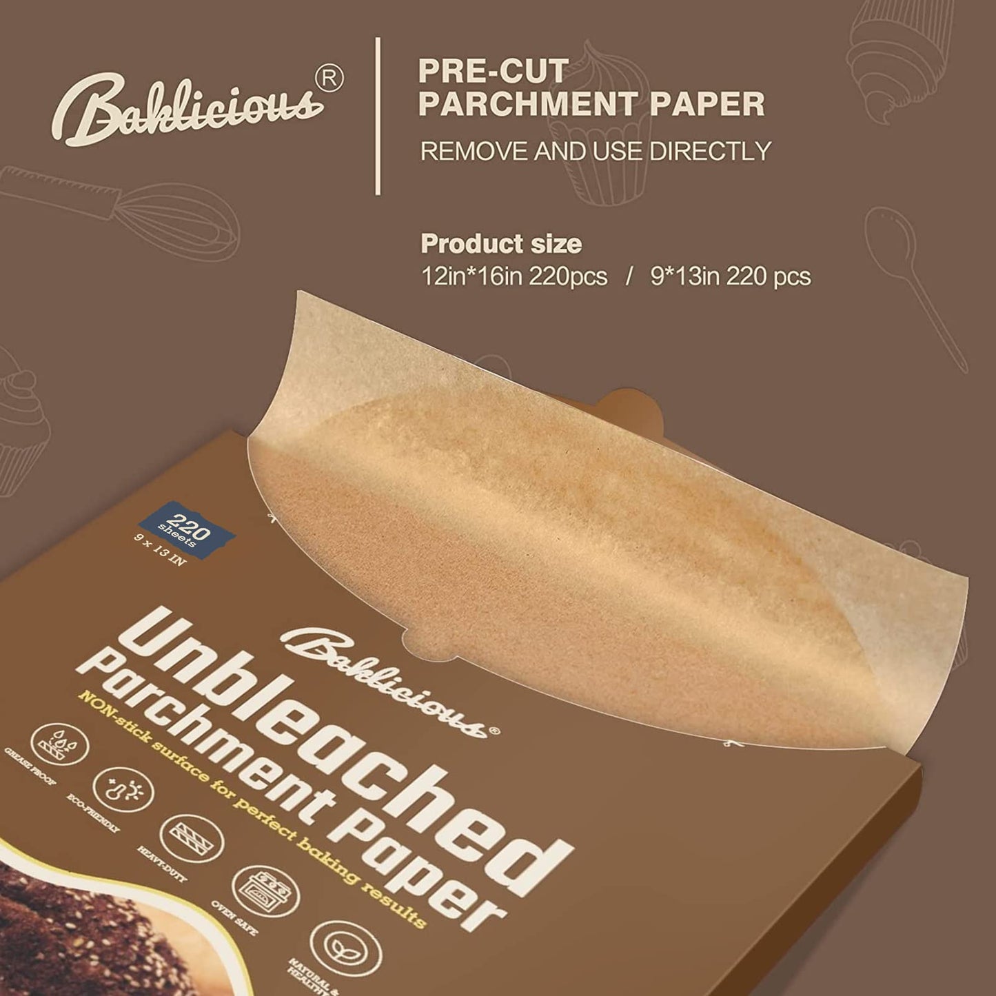 Baklicious 220 Pcs 9x13 Unbleached Pre-cut Parchment Paper Baking Sheets for Oven
