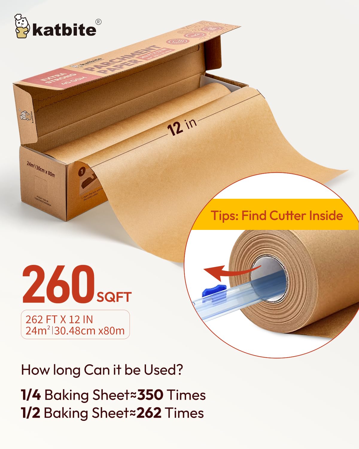 Katbite Unbleached Parchment Paper Roll for Baking, 12in x 262ft, 260 Sq.Ft, Brown with Slide Cutter