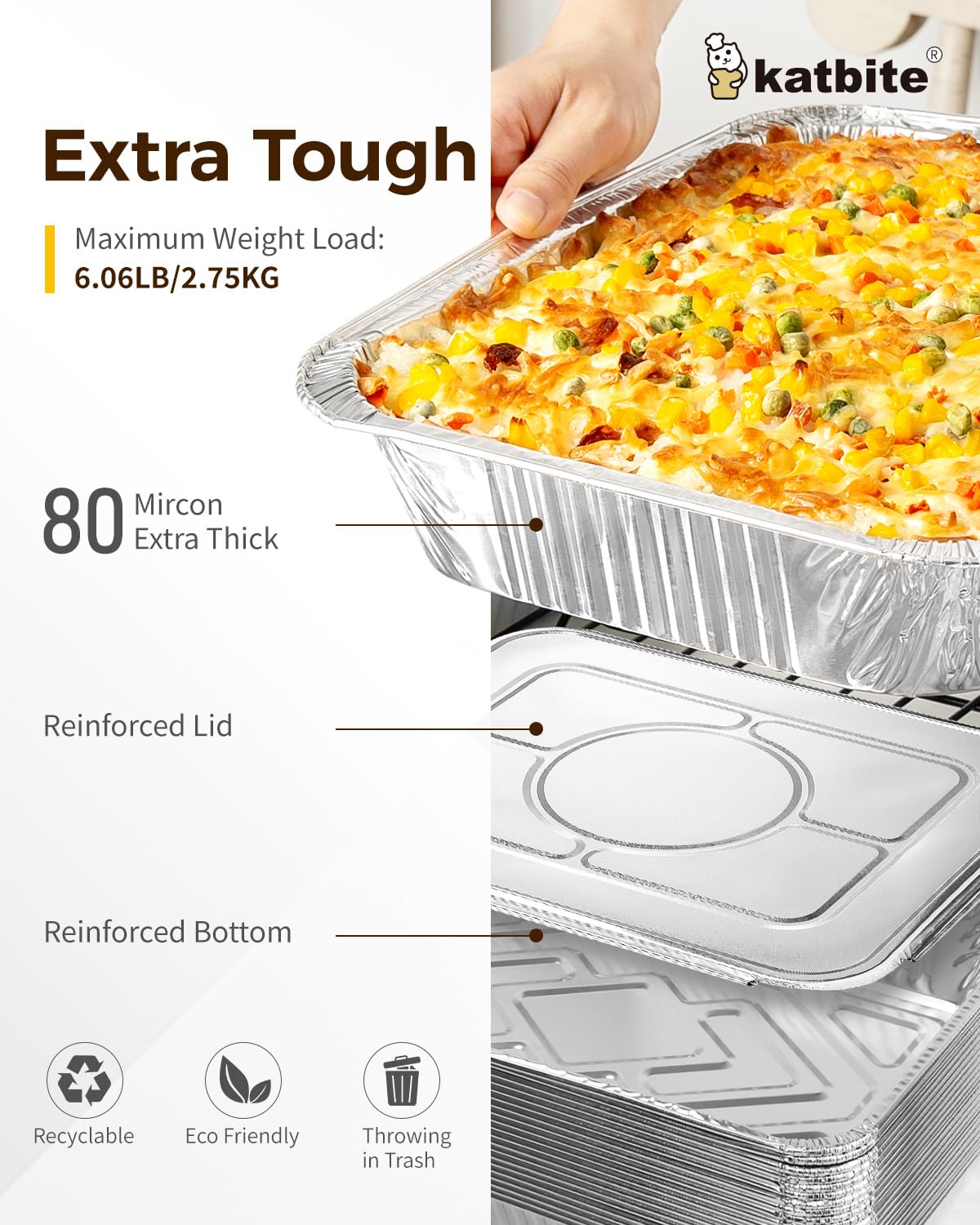 Katbite 9x13 Disposable Aluminum Foil Pans With Lids(25 Packs)Foil Baking Pans Rectangular Aluminum Foil Baking Pans