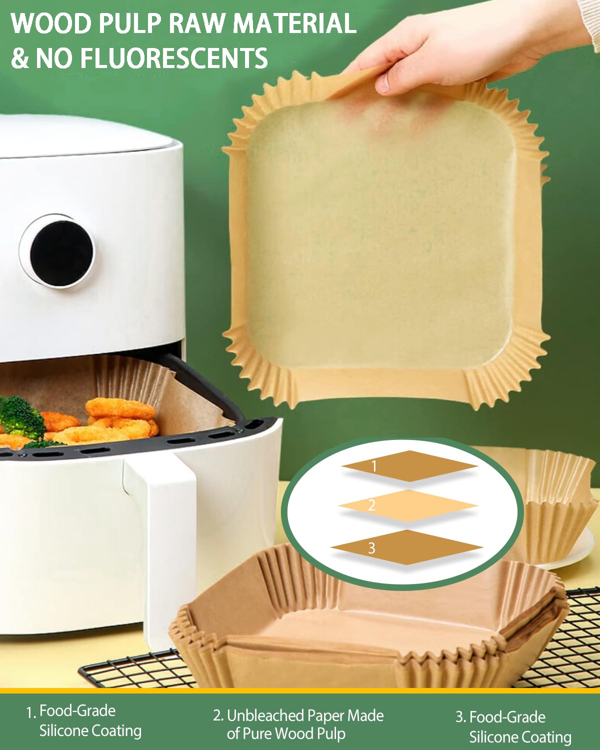 Katbite 6.3 Inch 130PCS Square Disposable Air Fryer Liners, Unbleached Non-Stick & Oil-proof Parchment Paper