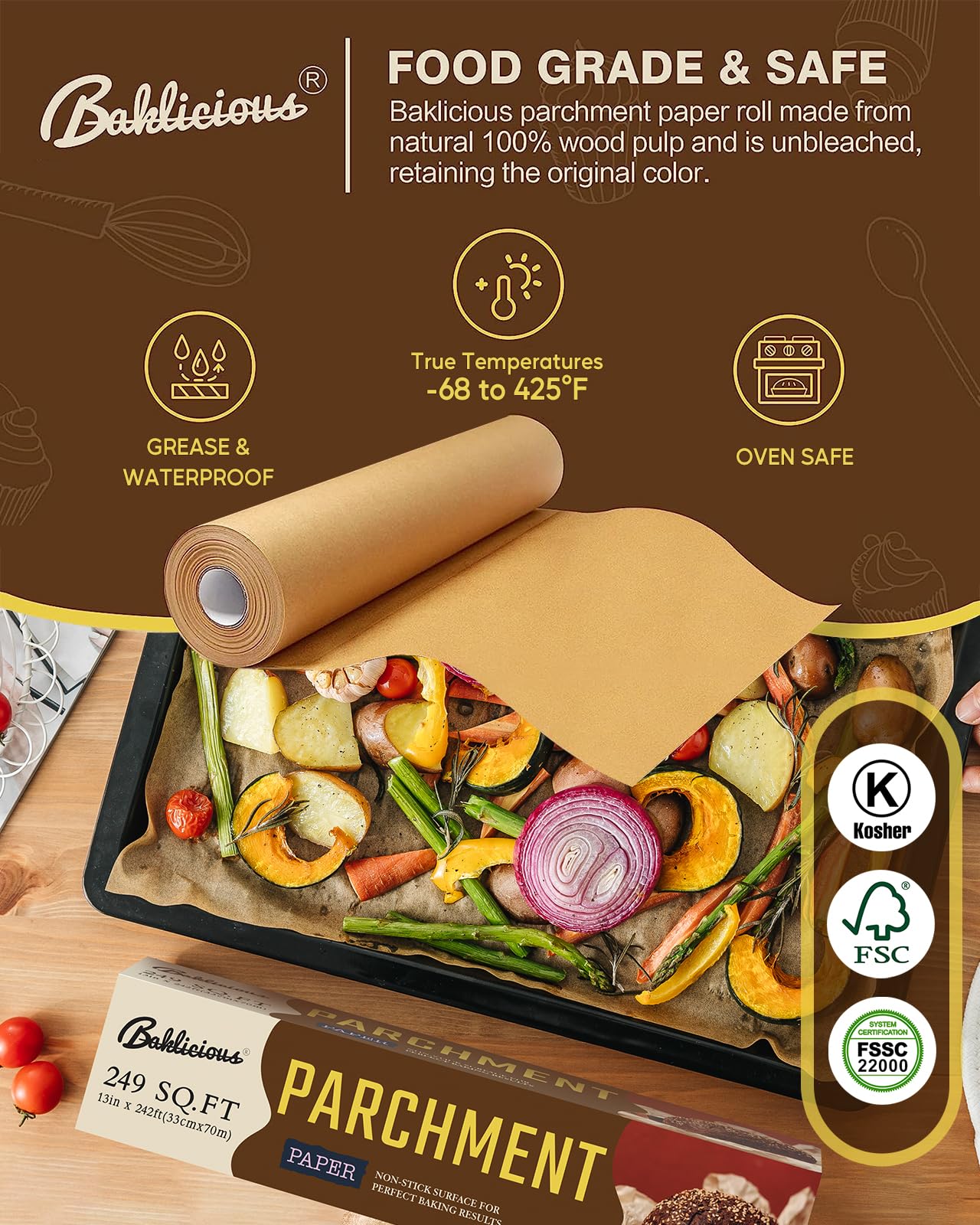 Baklicious Non-Stick Baking Paper Roll, 13 in x 242 ft, 1 Roll, Food Grade for Bread