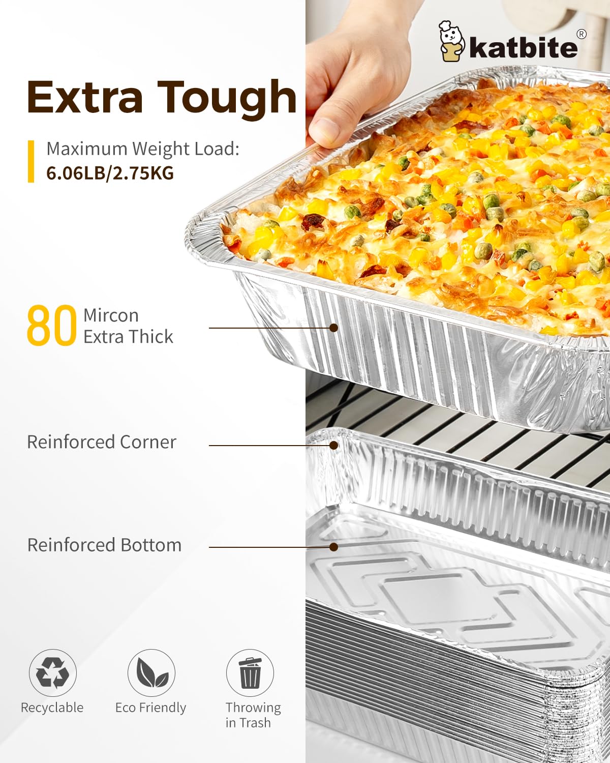 Katbite 9x13 Aluminum Foil Pans, 30 Count Half Steam Loaf Aluminum Foil Pans Set