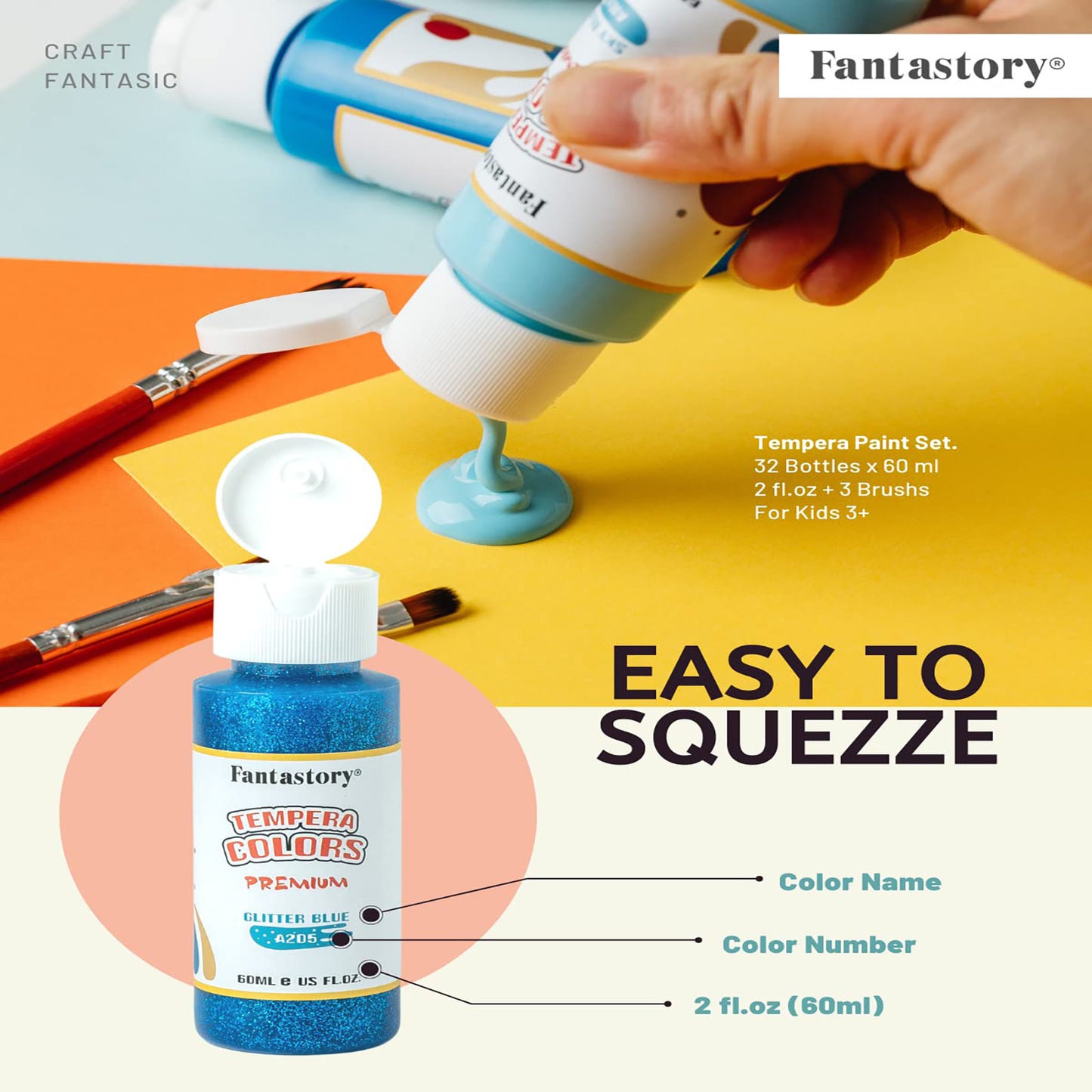 Fantastory Tempera Paint for Kids 32 Colors (2 oz Each) Washable Tempera Paint, Kids Poster Paint Sponge Painting, Non-Toxic Kids Paint Finger Paints Hand Paints Bottles Early Learning