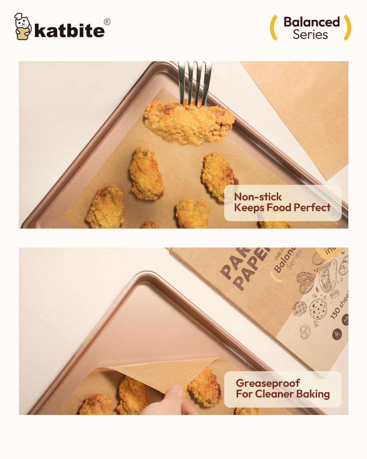 Katbite 130 Pcs 9x13 Inch Unbleached Parchment Paper Sheets, Non-Stick, Balanced Series