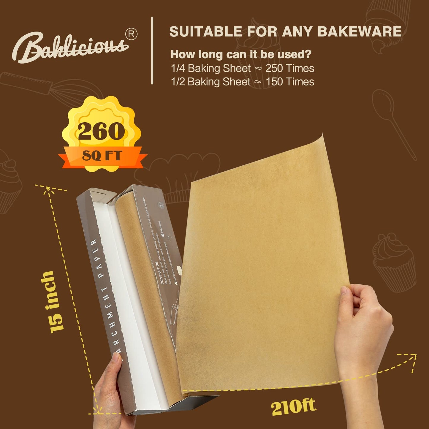 Baklicious 15 in x 210 ft, 260 Sq.ft, Non-Stick Baking Paper, Food Grade Cooking Paper for Bread