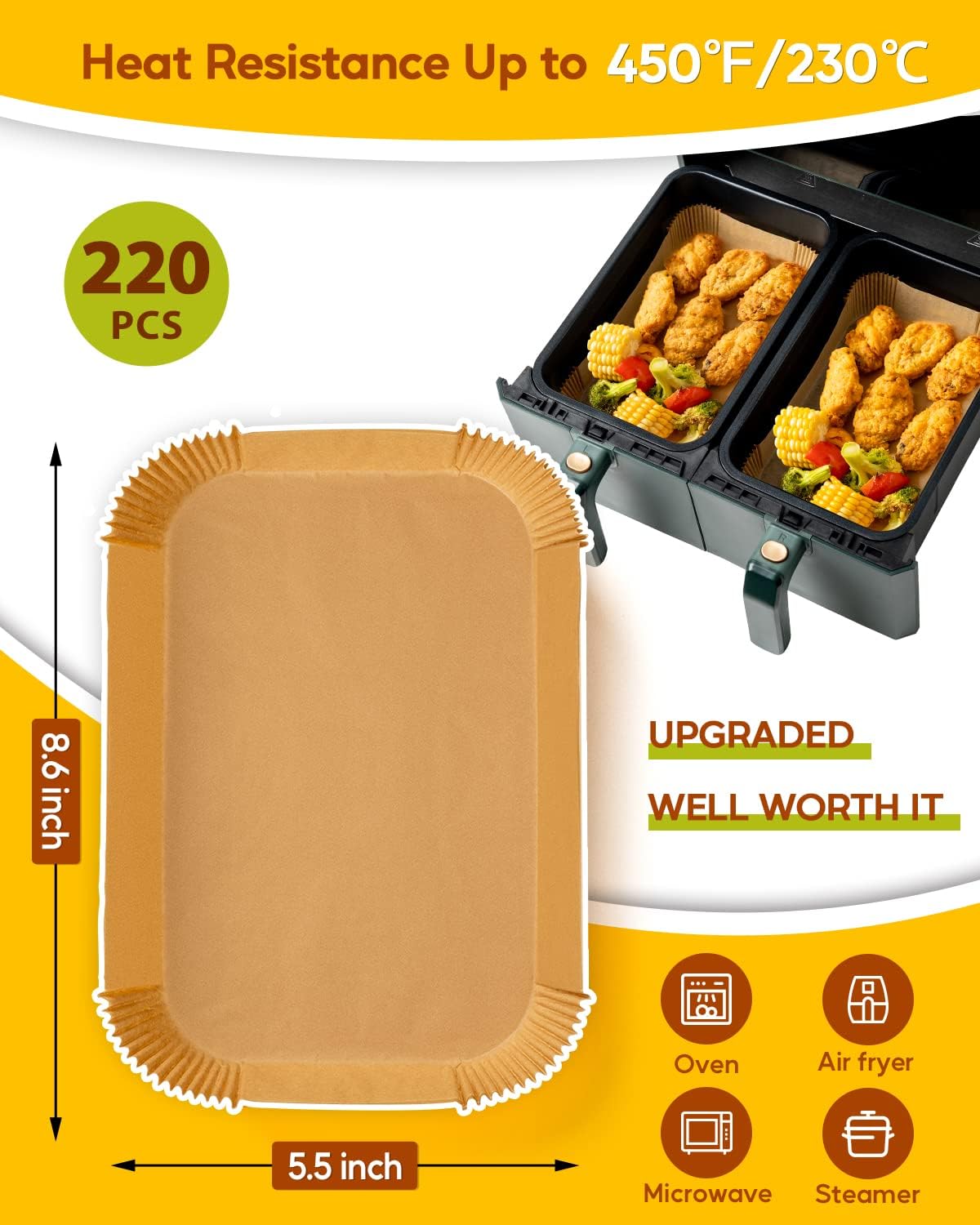 Katbite Disposable Air Fryer Liners, Reactangle, 8.6 x 5.5'', 220 Pieces