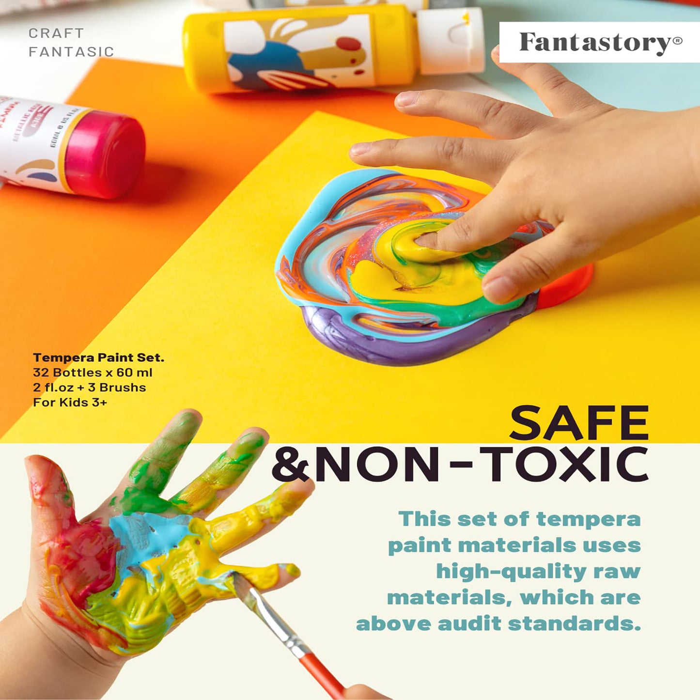 Fantastory Tempera Paint for Kids 32 Colors (2 oz Each) Washable Tempera Paint, Kids Poster Paint Sponge Painting, Non-Toxic Kids Paint Finger Paints Hand Paints Bottles Early Learning
